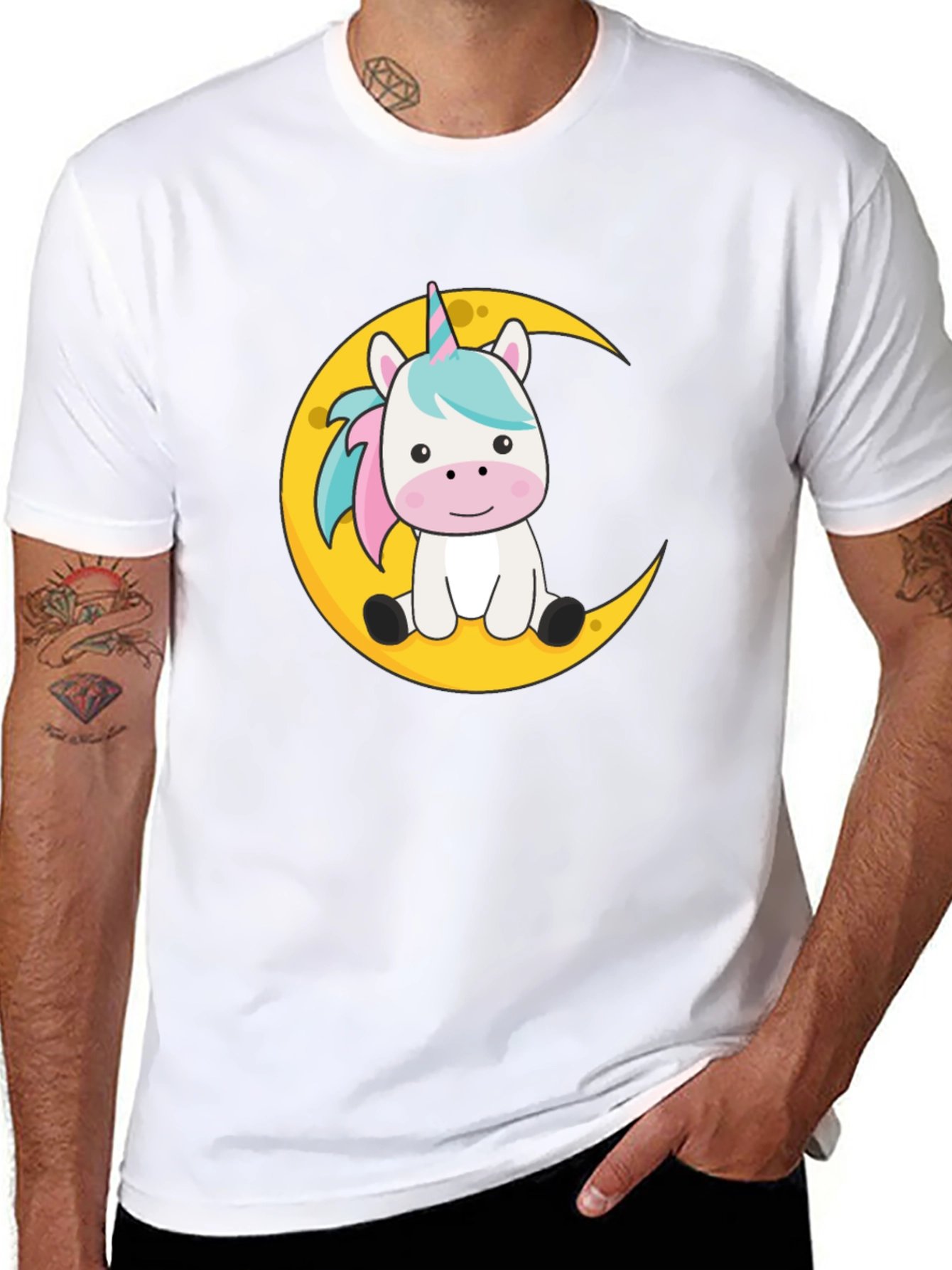 Cute Unicorn on Moon Black T-Shirt