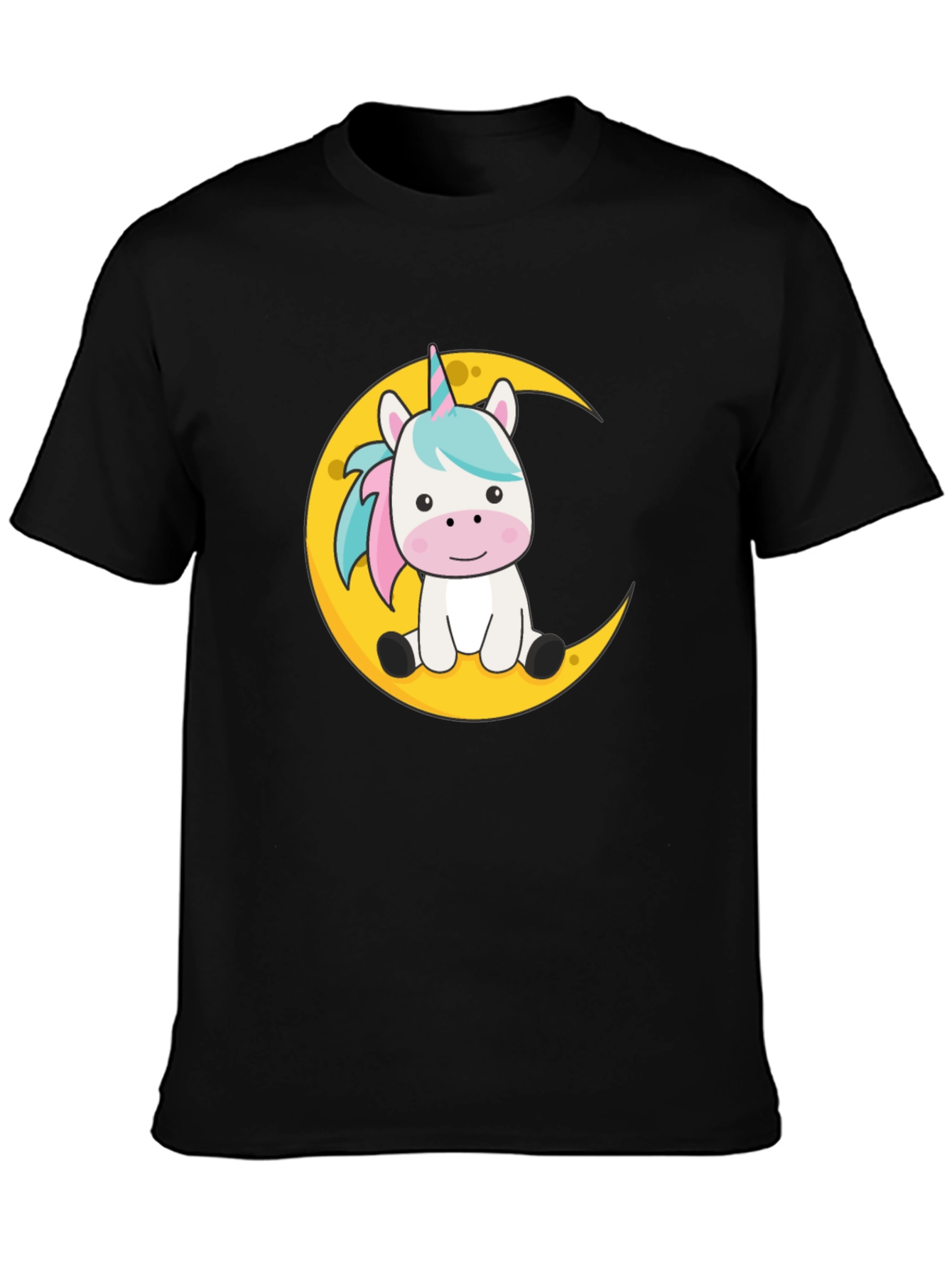 Cute Unicorn on Moon Black T-Shirt