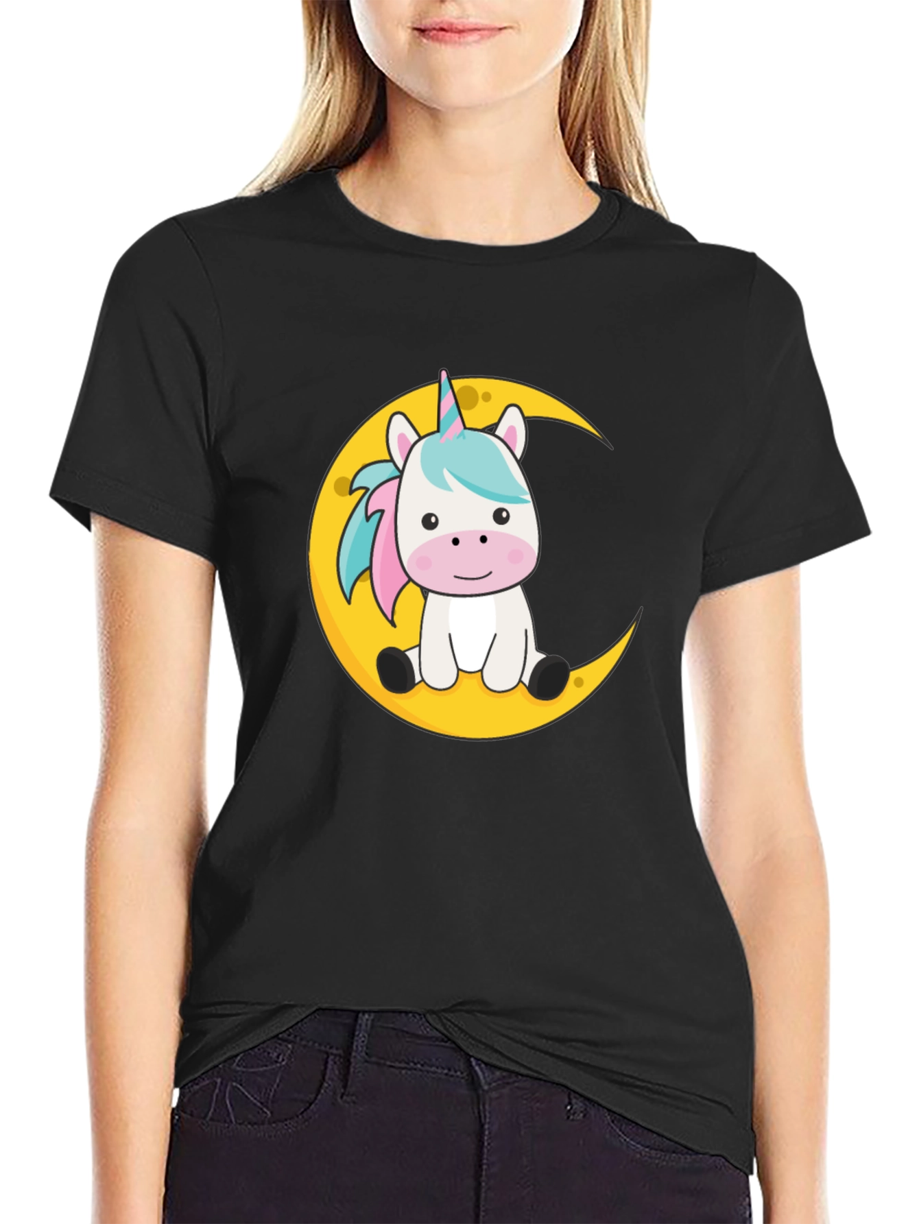 Cute Unicorn on Moon Black T-Shirt