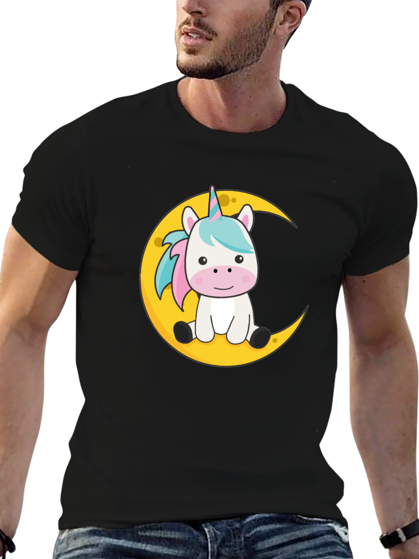 Cute Unicorn on Moon Black T-Shirt