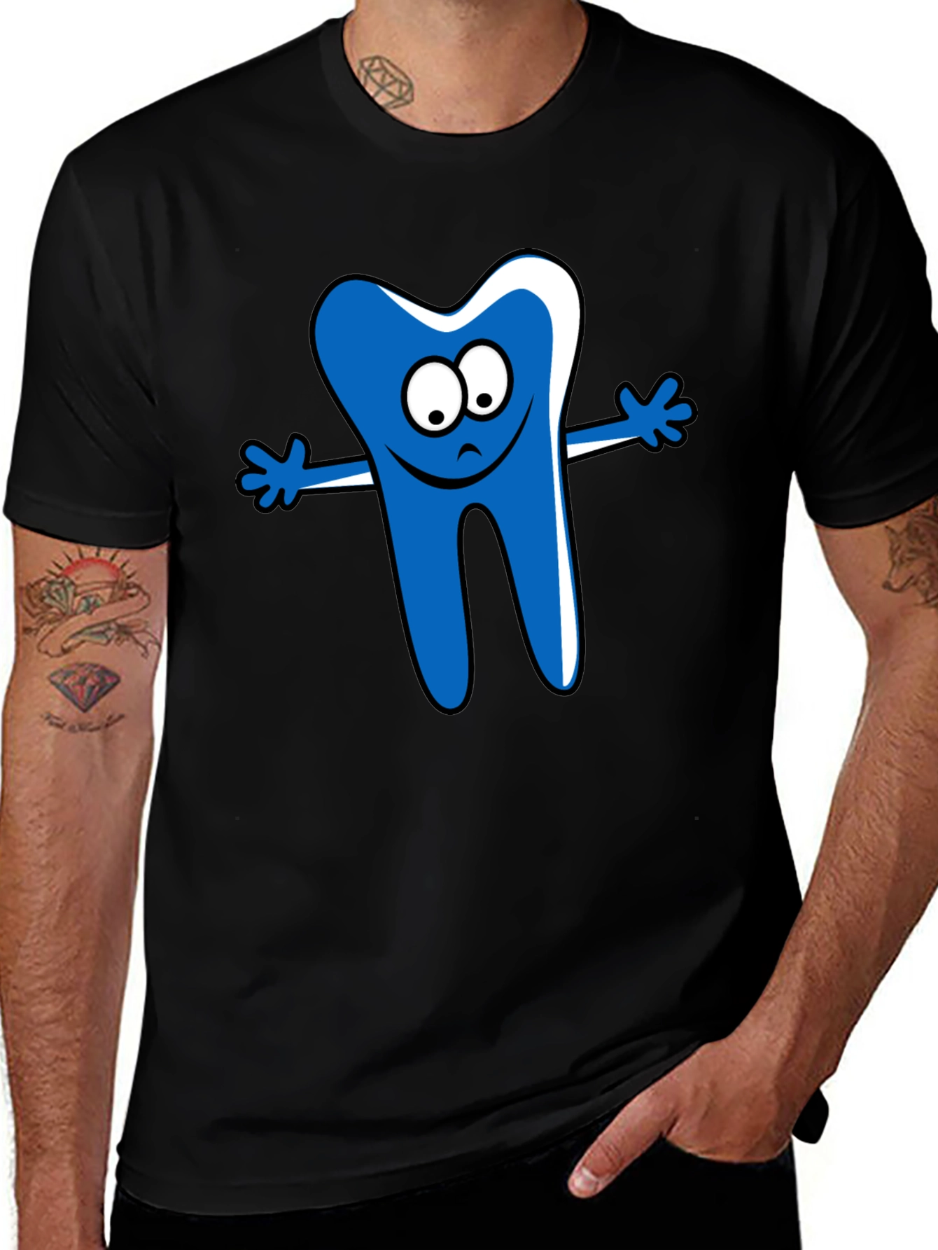 Cartoon Tooth Graphic T-Shirt - Black Cotton Tee