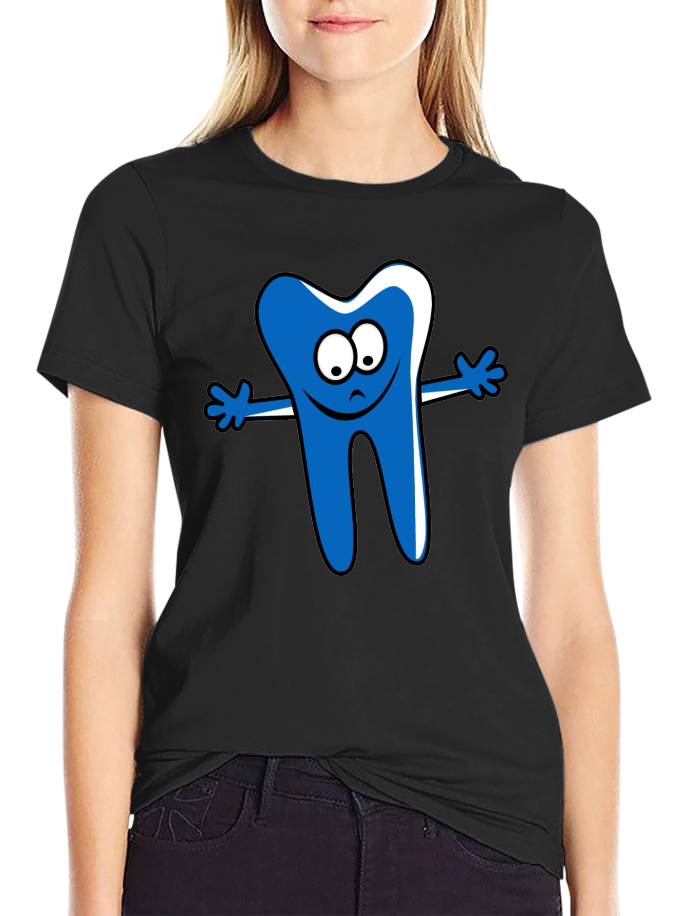 Cartoon Tooth Graphic T-Shirt - Black Cotton Tee