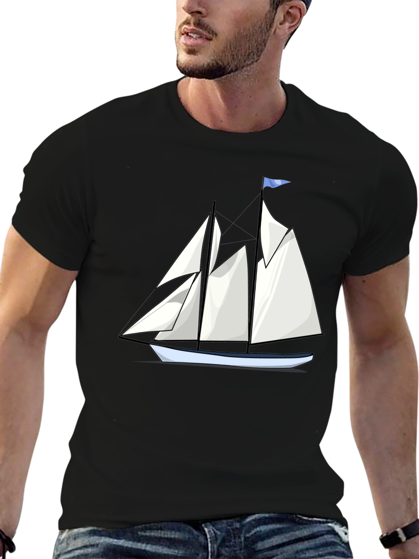 Sailboat Graphic Tee - Black Cotton T-Shirt