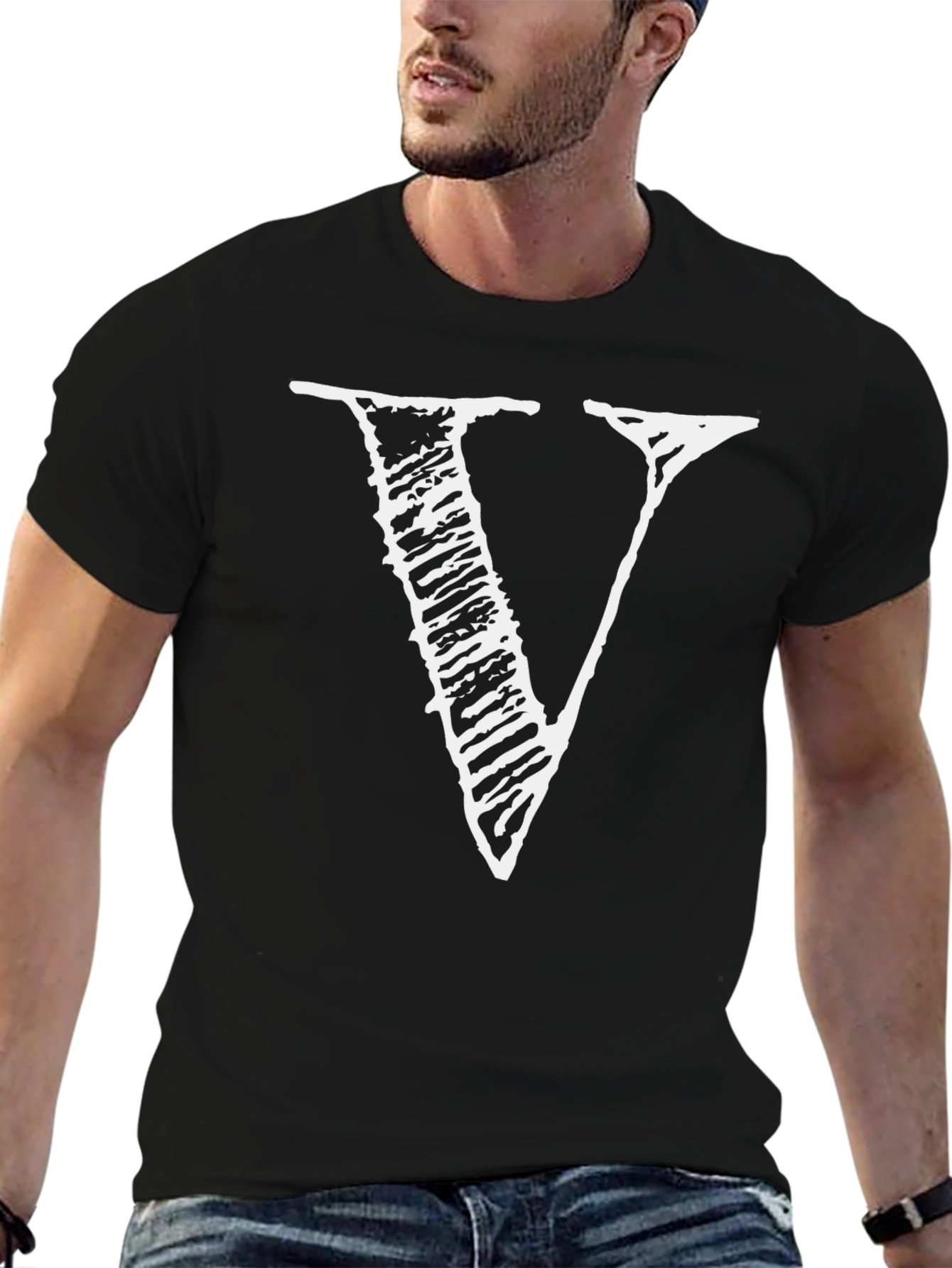 Statement Black T-Shirt with Bold White V Design