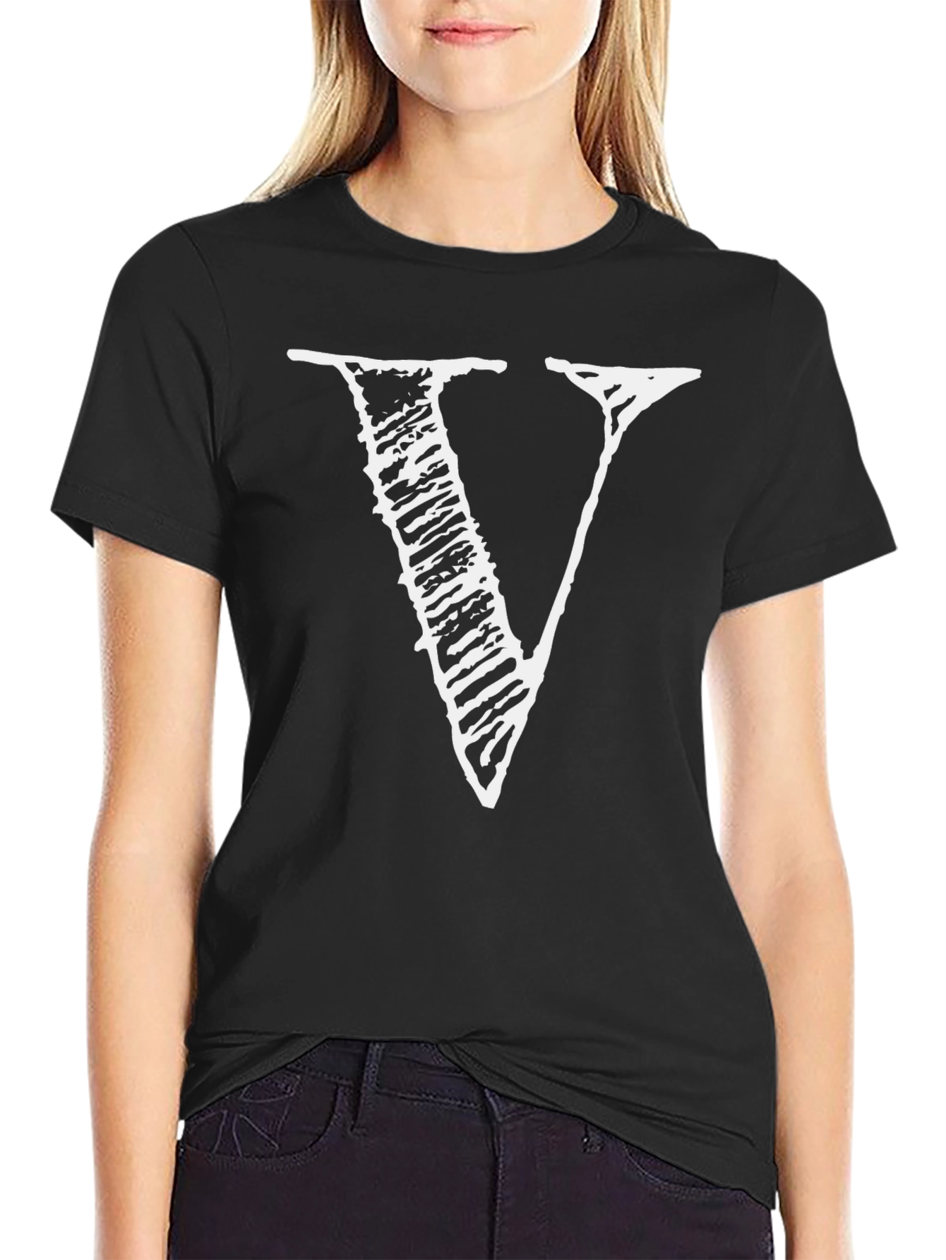 Statement Black T-Shirt with Bold White V Design