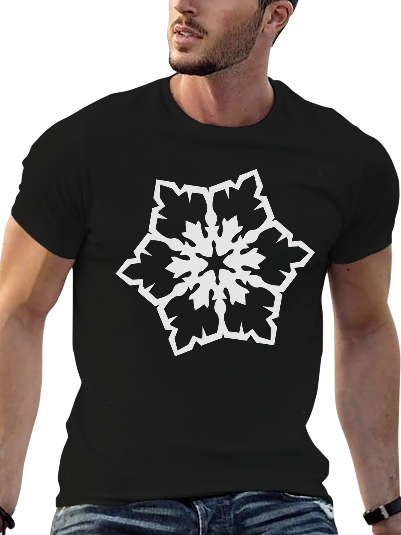 Black T-Shirt with White Snowflake Design