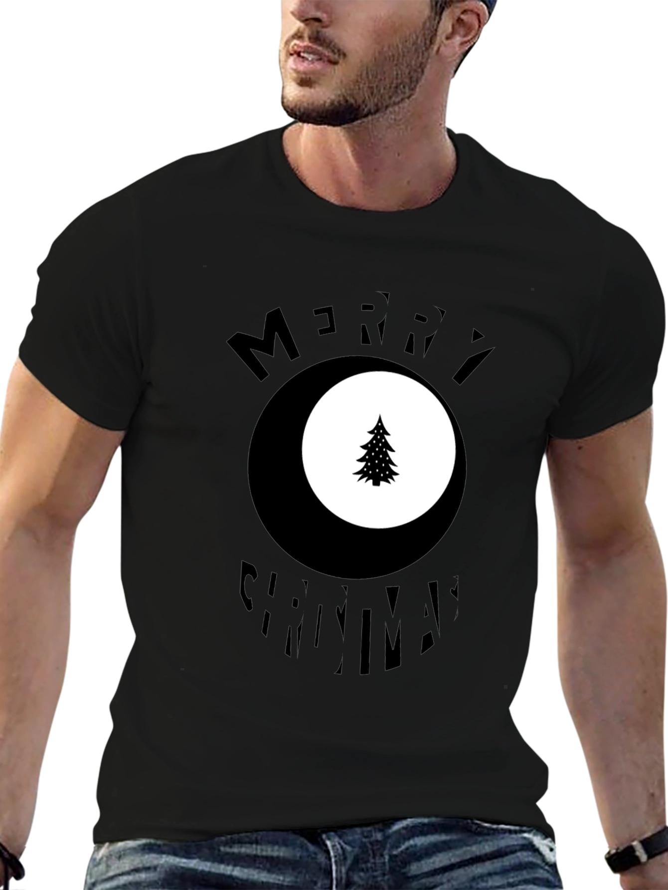 Merry Christmas Tree Graphic Black T-Shirt