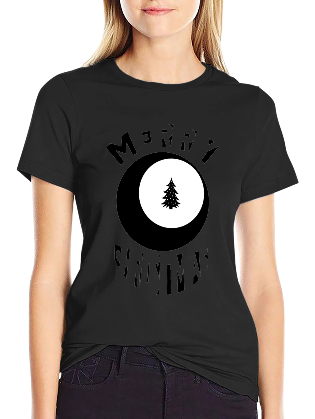 Merry Christmas Tree Graphic Black T-Shirt