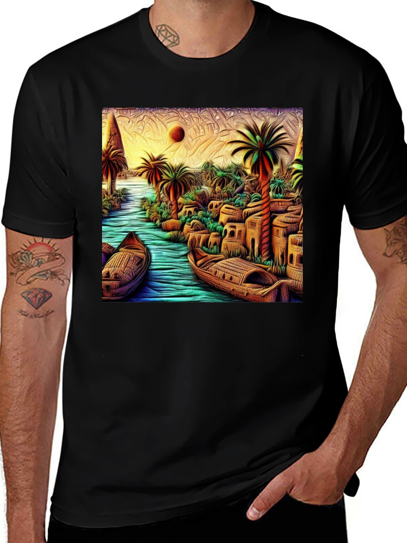Tropical River Art Mens Black T-Shirt