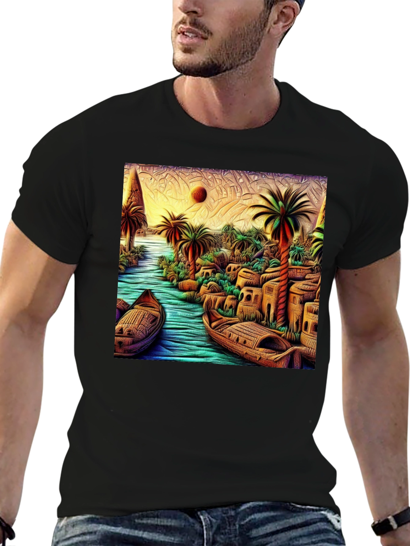 Tropical River Art Mens Black T-Shirt
