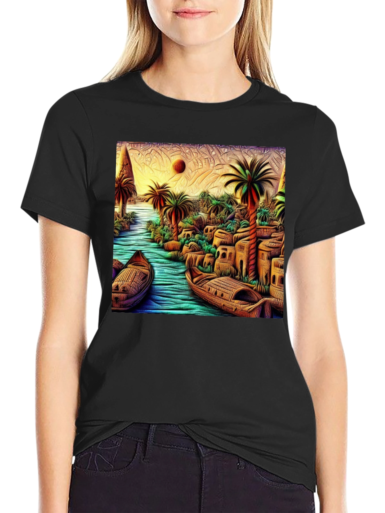 Tropical River Art Mens Black T-Shirt