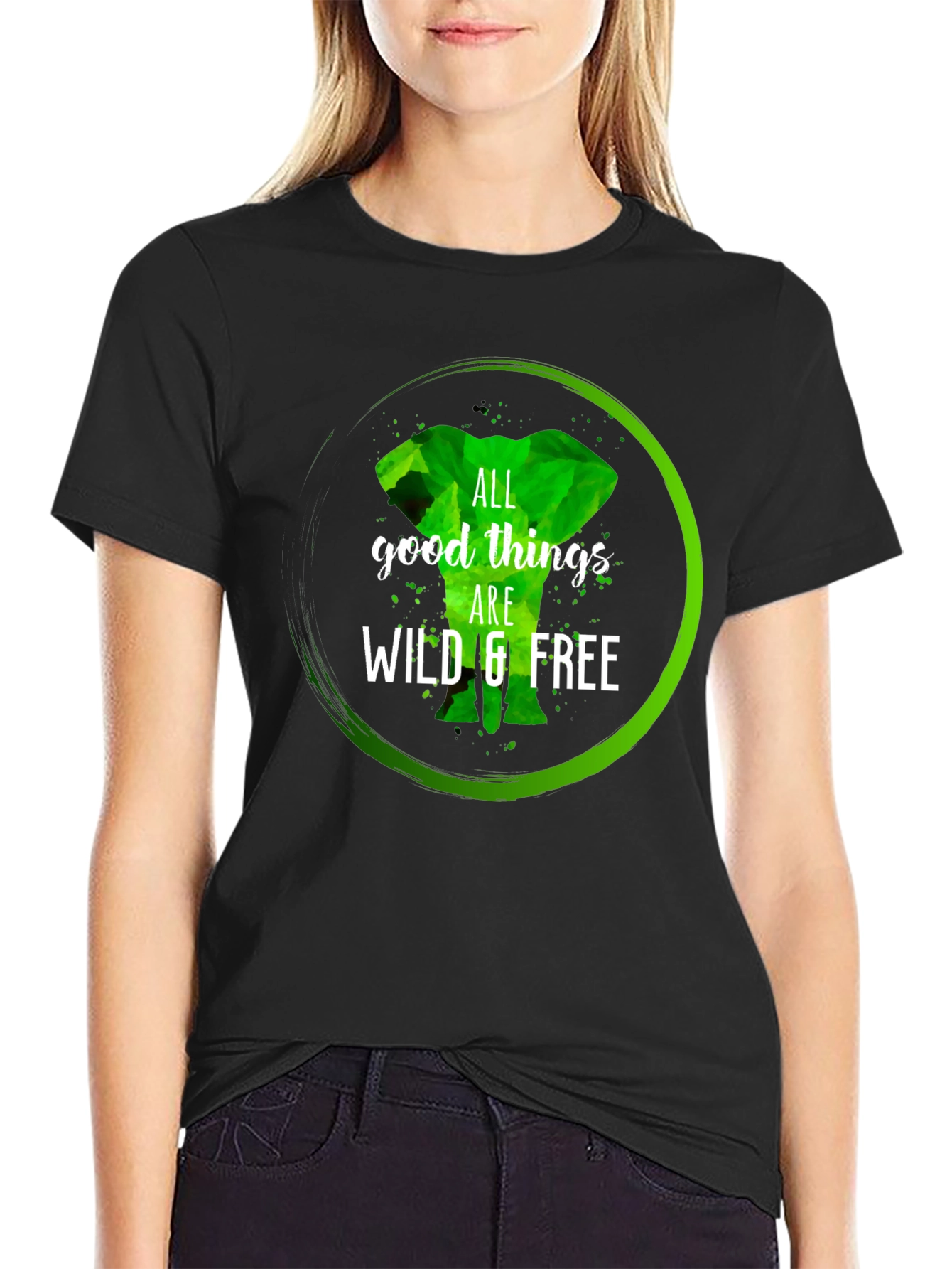 Wild & Free Elephant Graphic Tee - Black Cotton