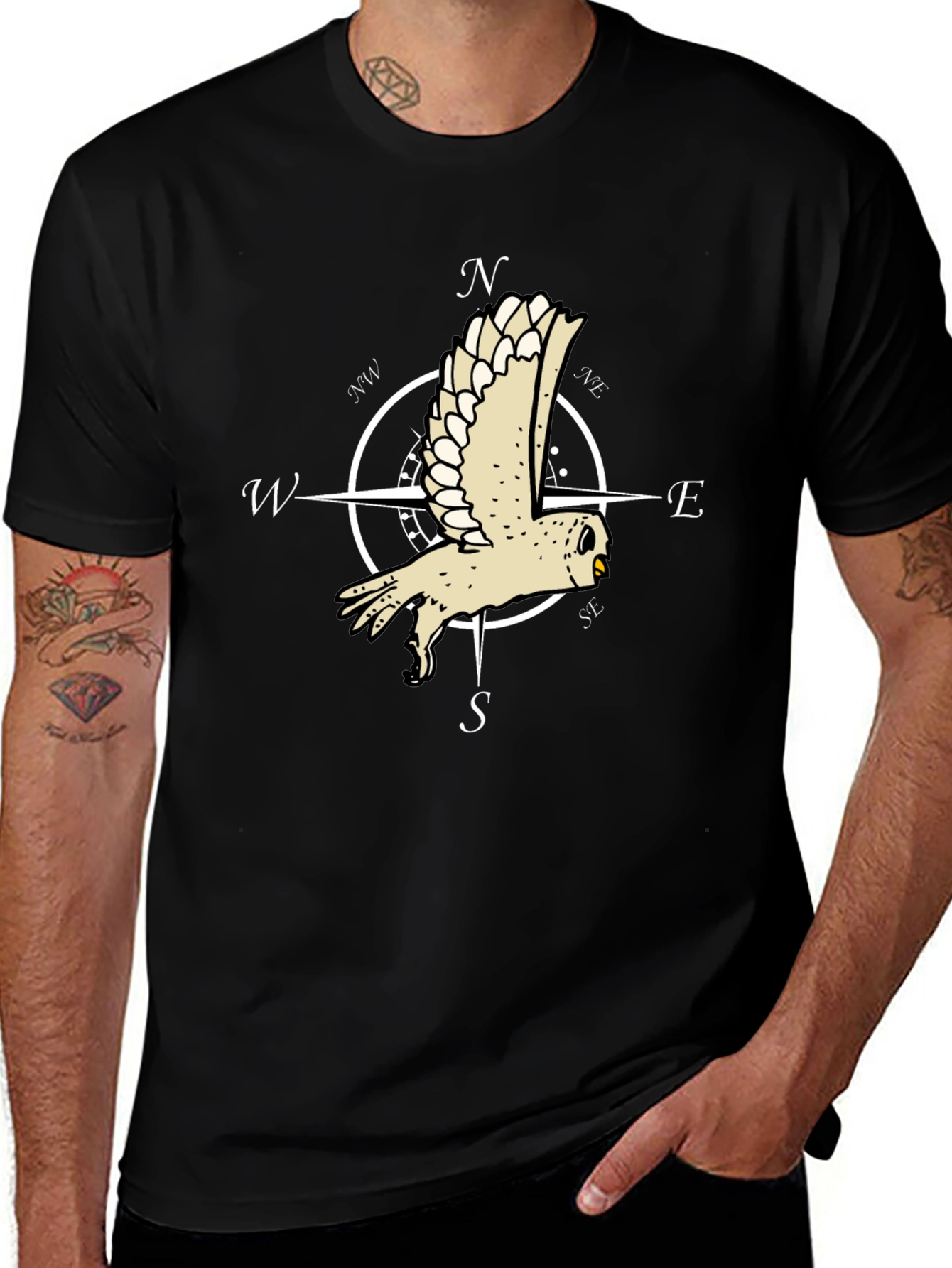 Owl Compass Rose Black T-Shirt