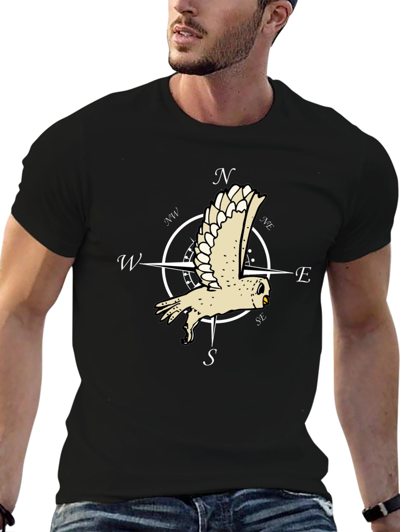 Owl Compass Rose Black T-Shirt