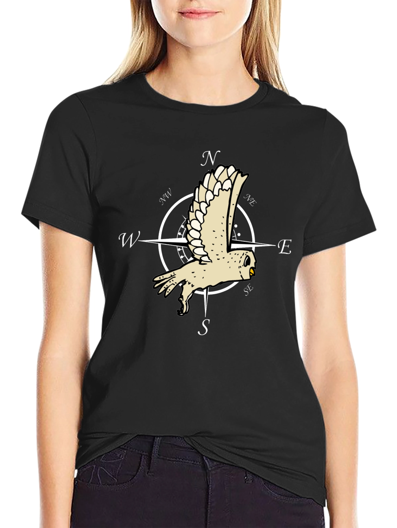 Owl Compass Rose Black T-Shirt
