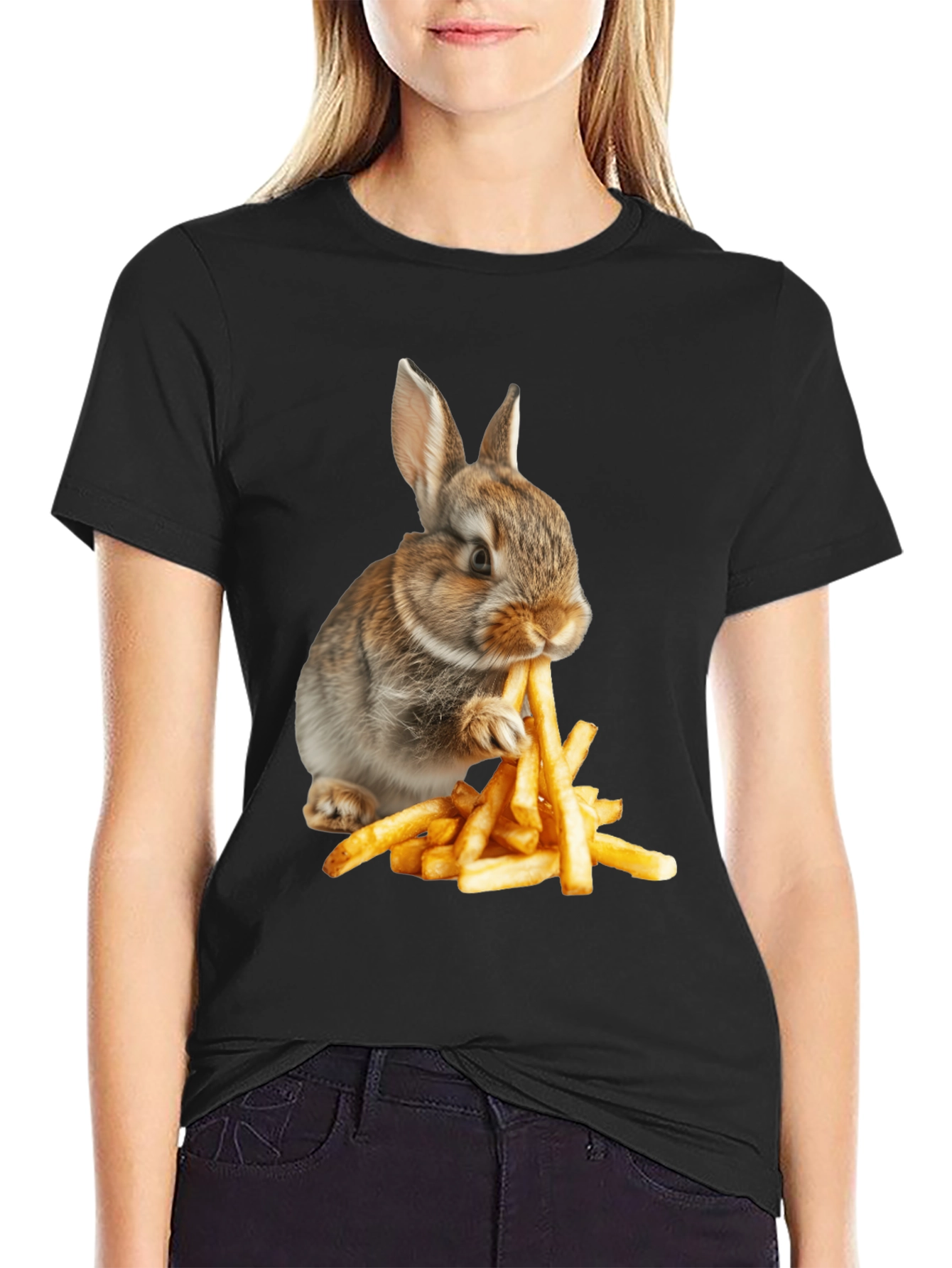 Rabbit Eating Fries Graphic T-Shirt