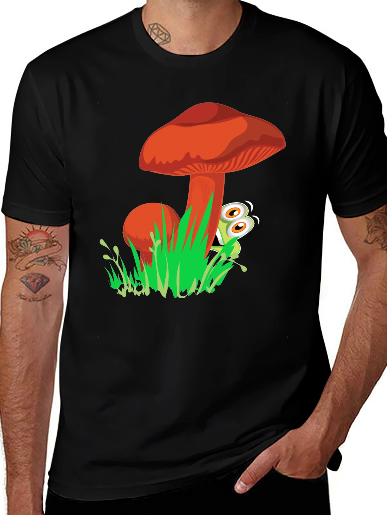 Mushroom & Frog Graphic Tee - Black Cotton Blend