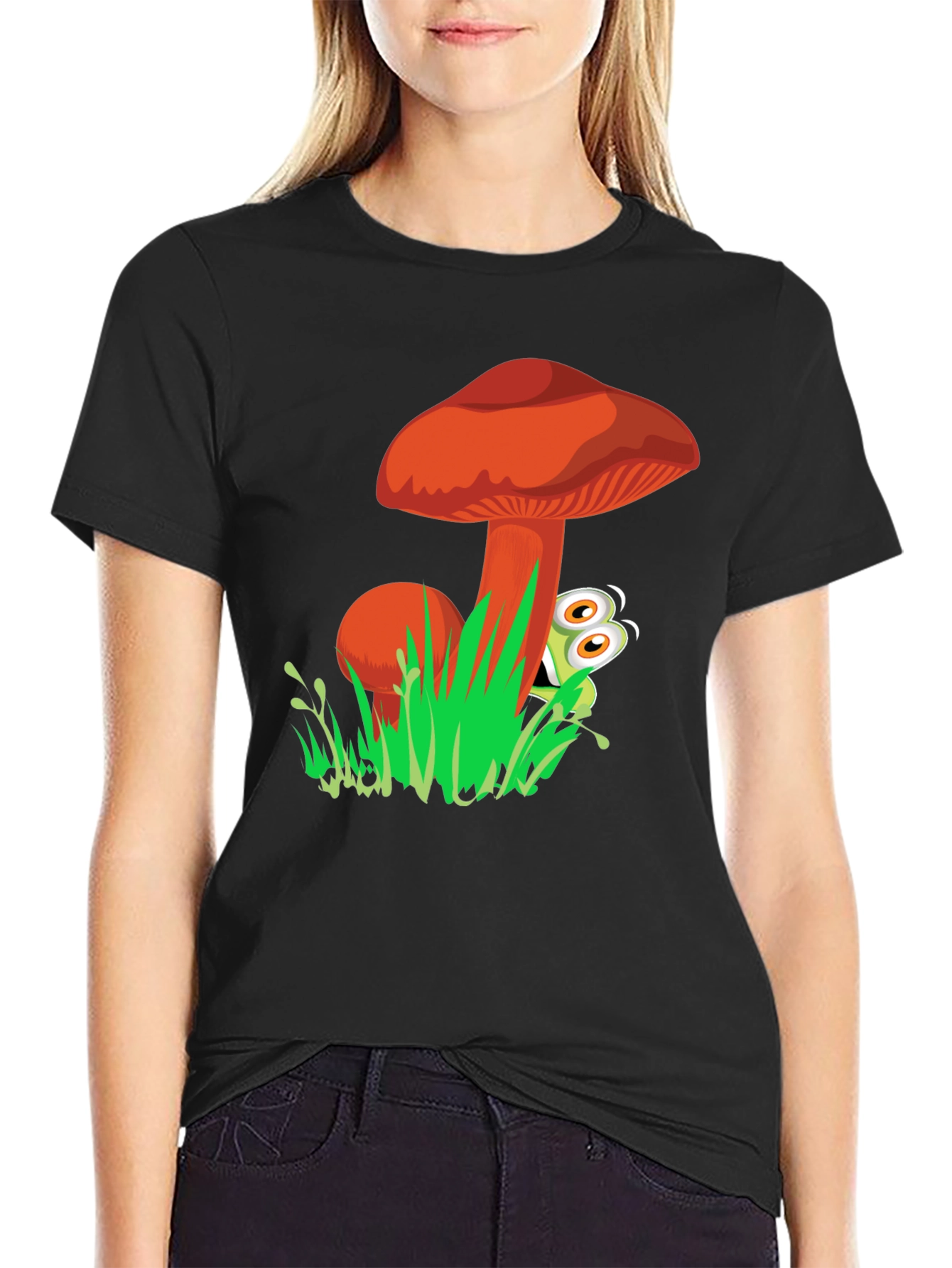 Mushroom & Frog Graphic Tee - Black Cotton Blend