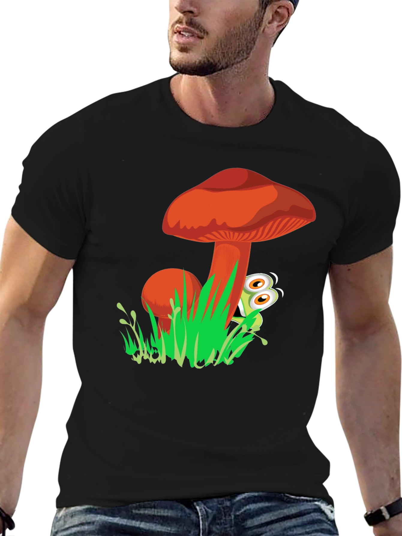 Mushroom & Frog Graphic Tee - Black Cotton Blend
