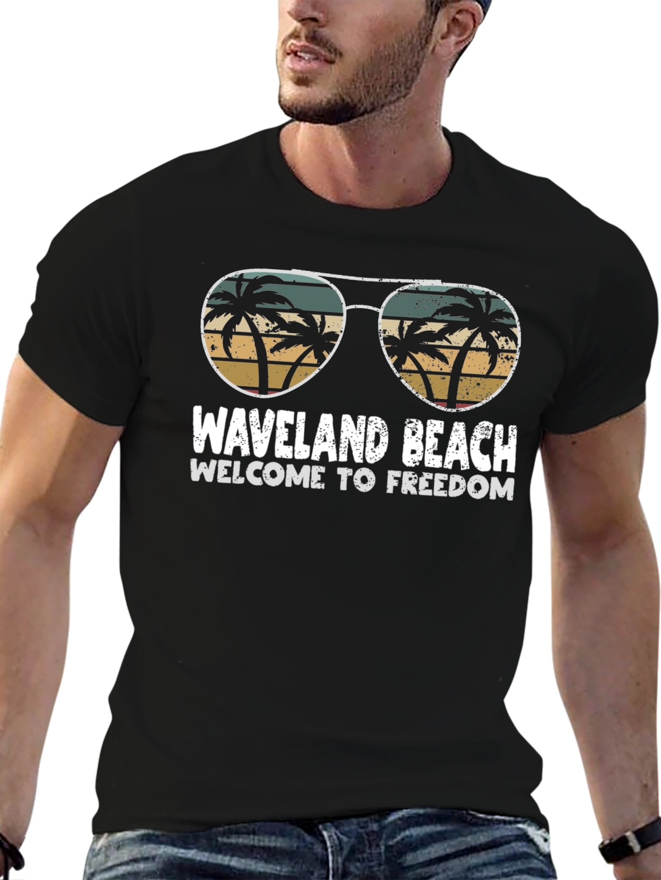 Waveland Beach Retro Palm Tree Sunglasses Graphic Tee