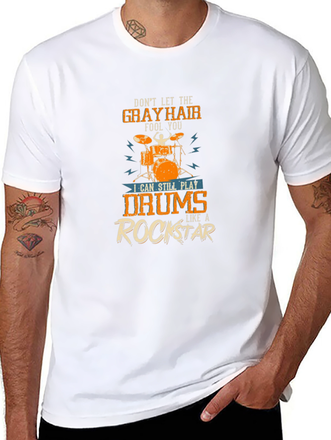Gray Hair Rockstar Drummer T-Shirt - Music Lover Tee
