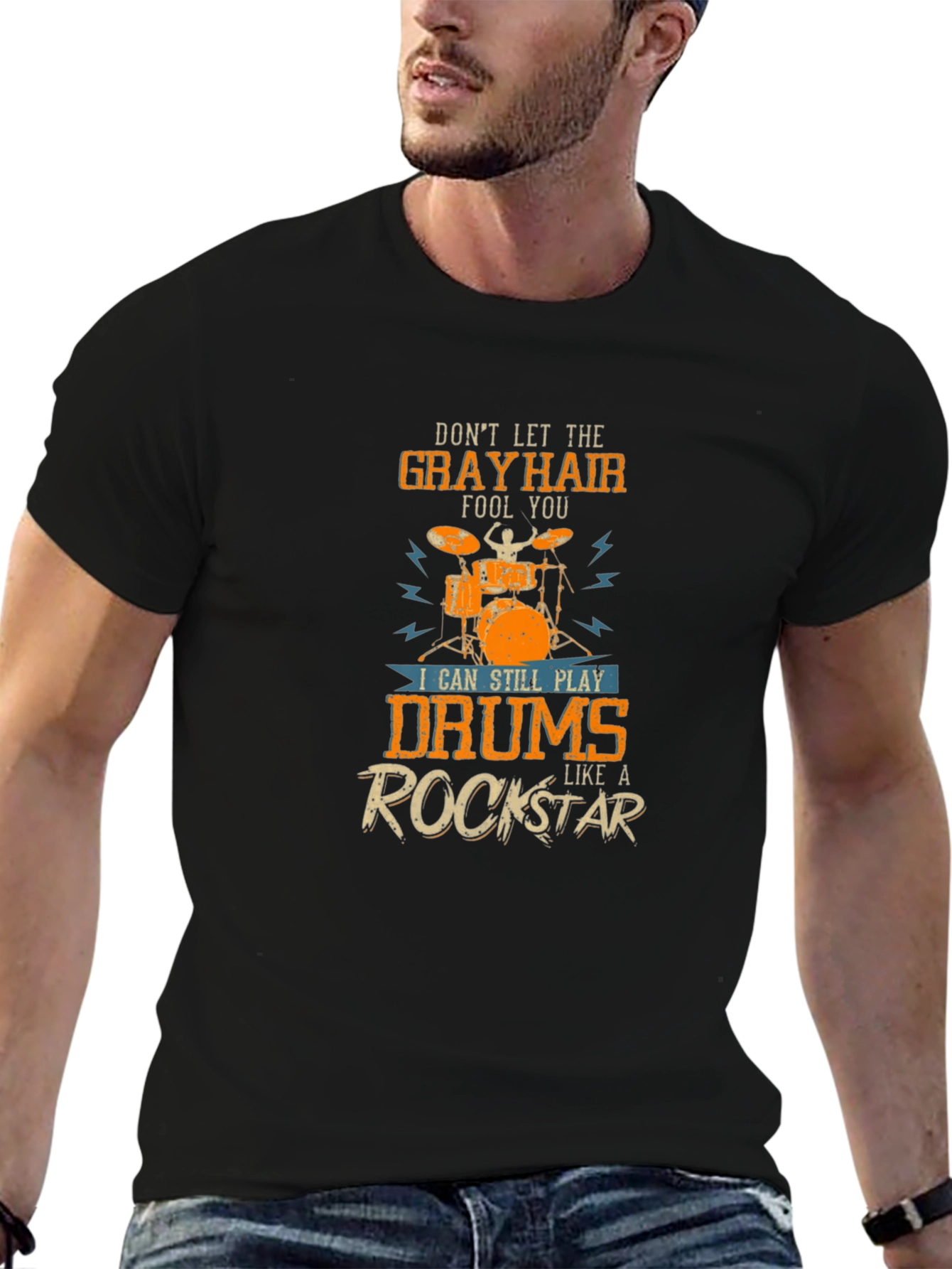 Gray Hair Rockstar Drummer T-Shirt - Music Lover Tee