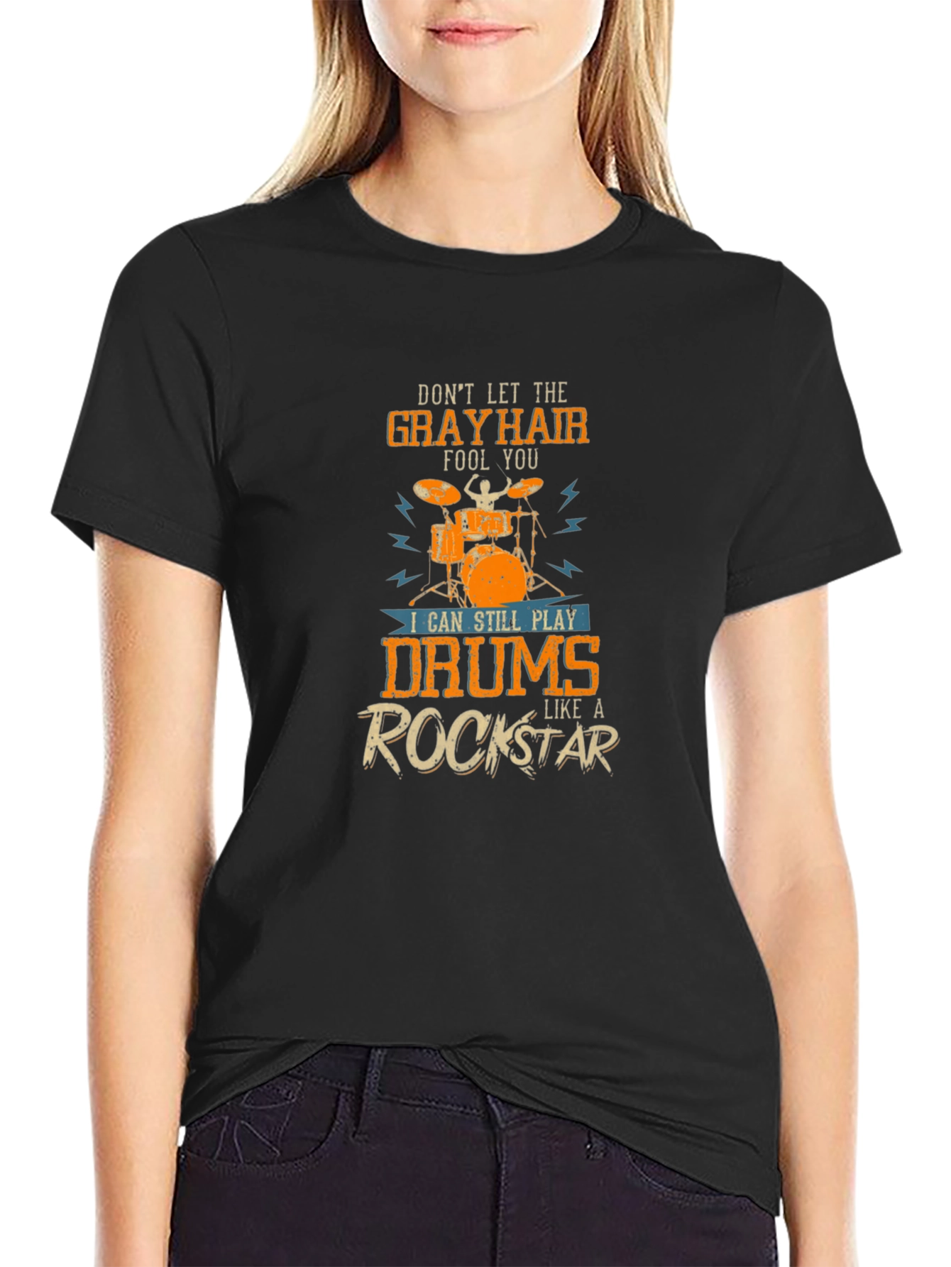 Gray Hair Rockstar Drummer T-Shirt - Music Lover Tee