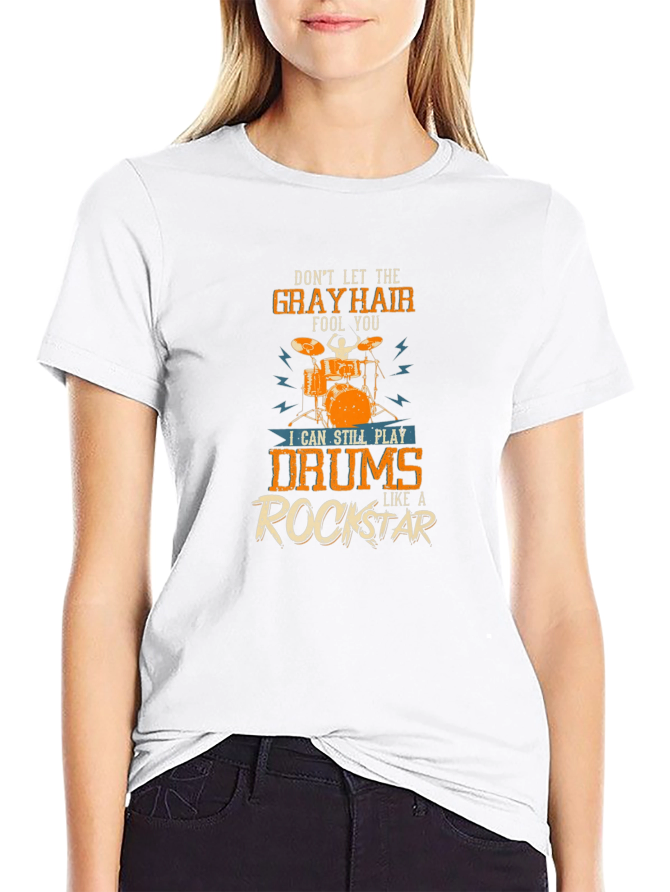 Gray Hair Rockstar Drummer T-Shirt - Music Lover Tee