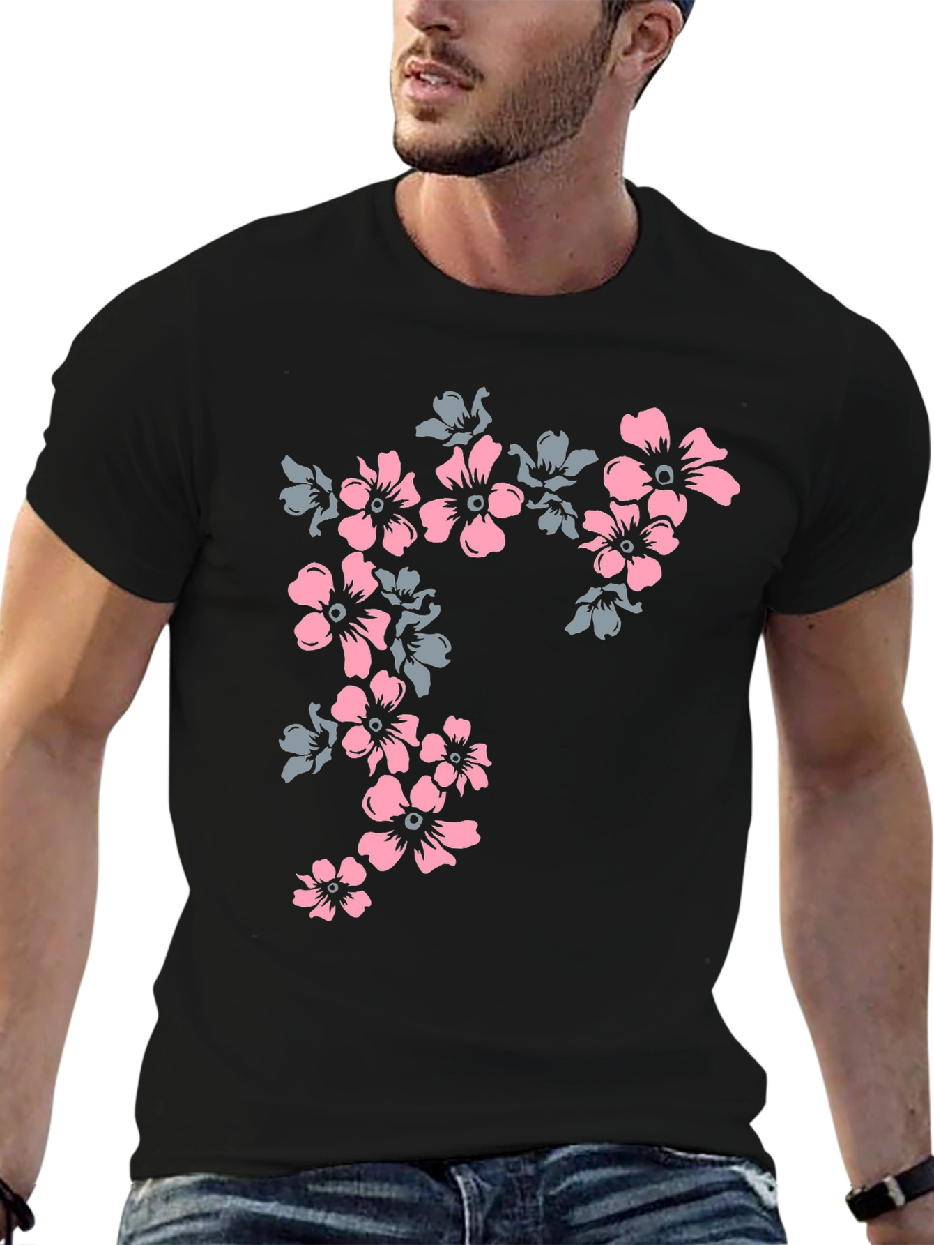 Floral Print Tee - Black Casual T-Shirt