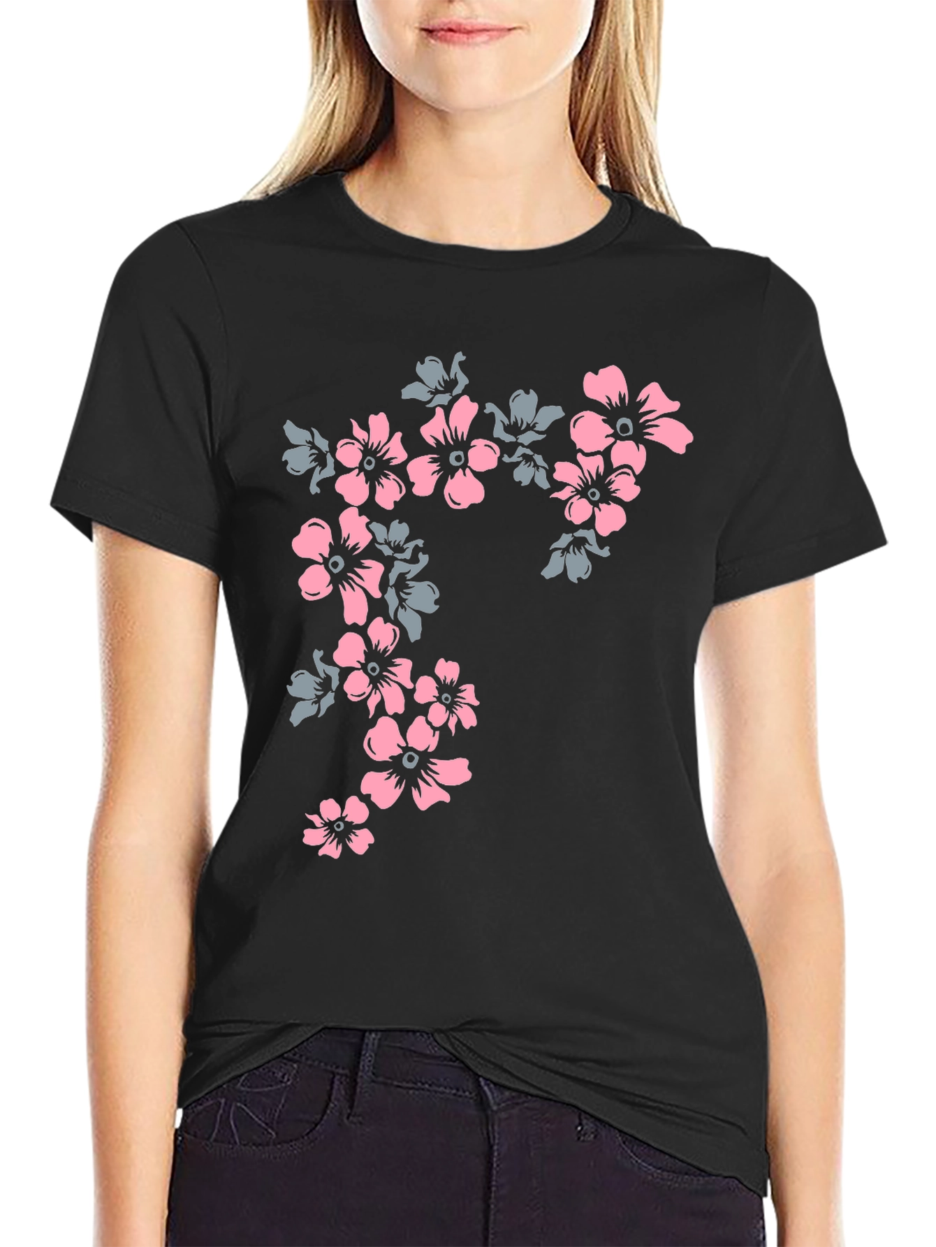 Floral Print Tee - Black Casual T-Shirt
