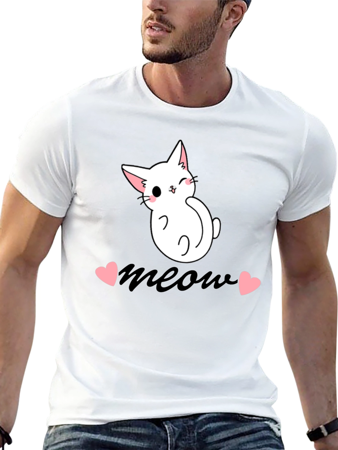 Cute Cat Meow Graphic Tee - Black Cotton T-Shirt