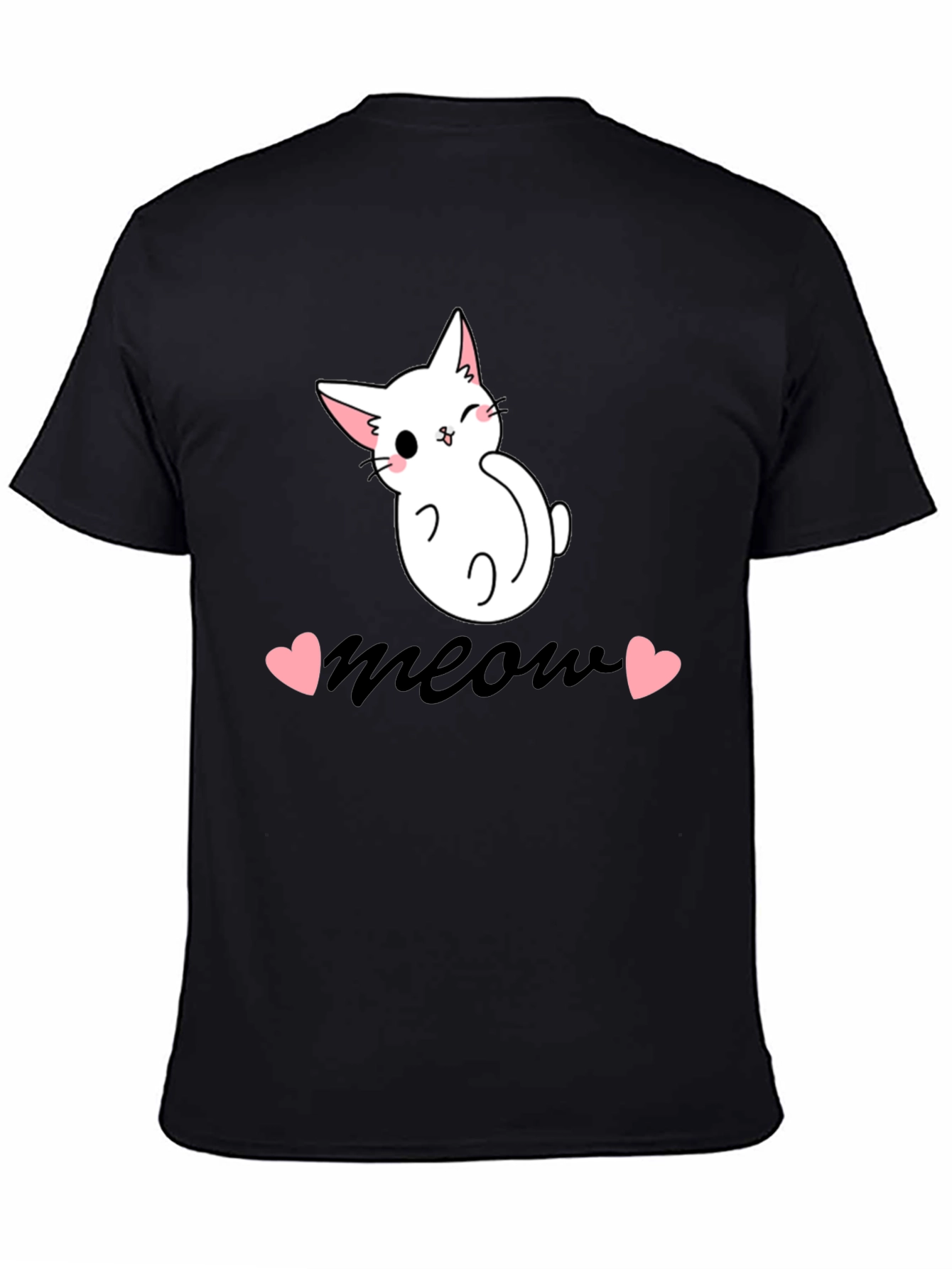 Cute Cat Meow Graphic Tee - Black Cotton T-Shirt