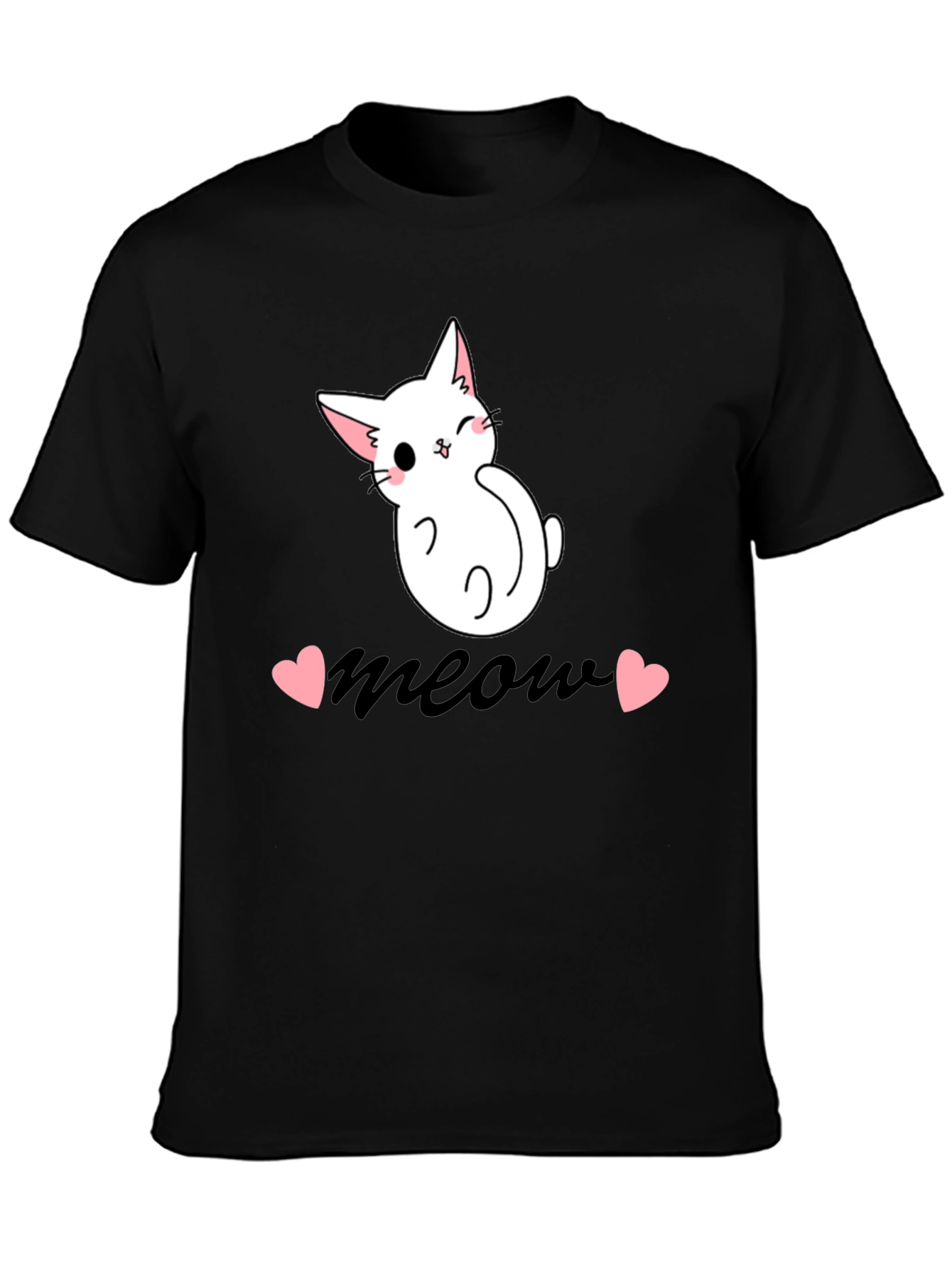 Cute Cat Meow Graphic Tee - Black Cotton T-Shirt