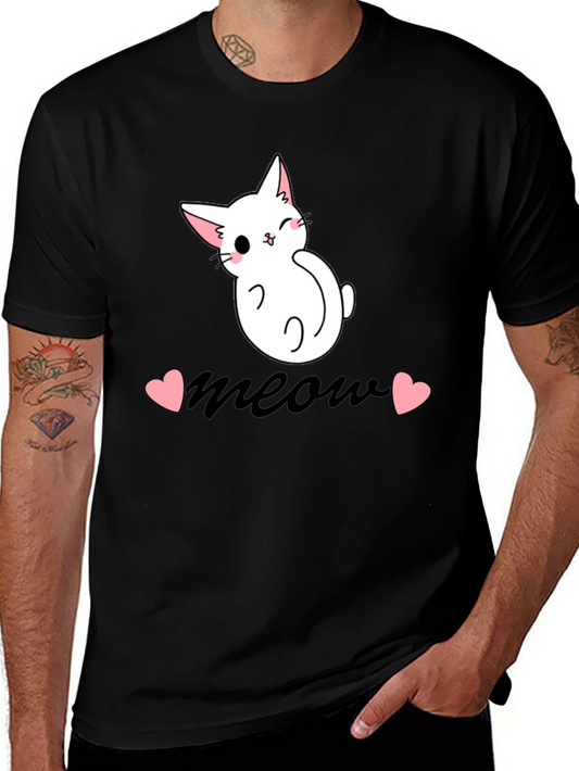 Cute Cat Meow Graphic Tee - Black Cotton T-Shirt