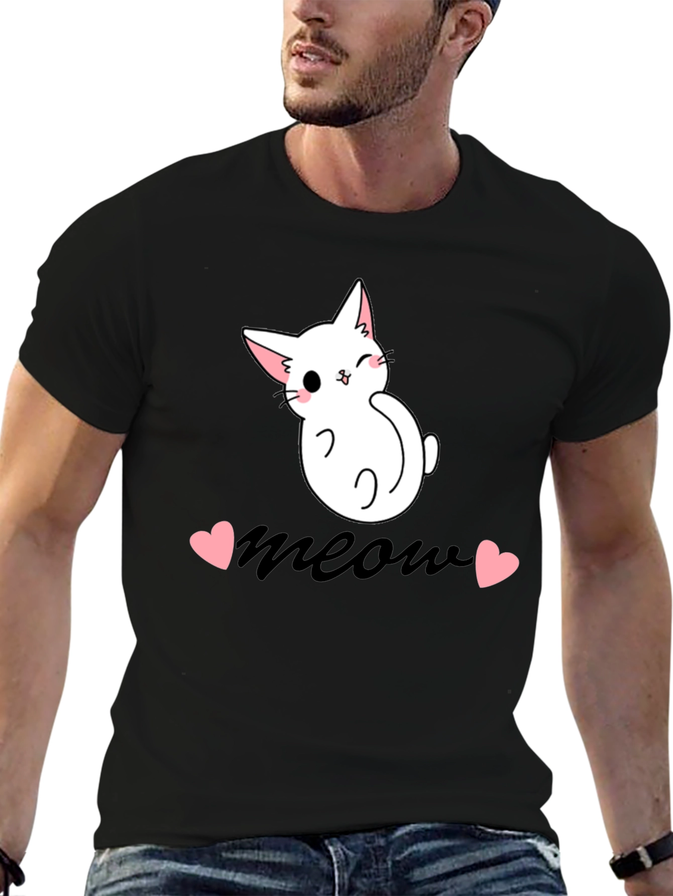 Cute Cat Meow Graphic Tee - Black Cotton T-Shirt