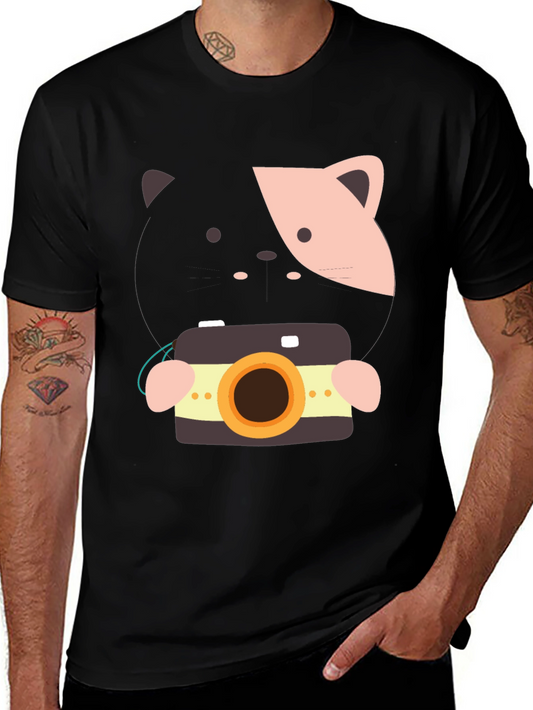 Cute Cat with Camera Graphic Tee - Soft Cotton Blend