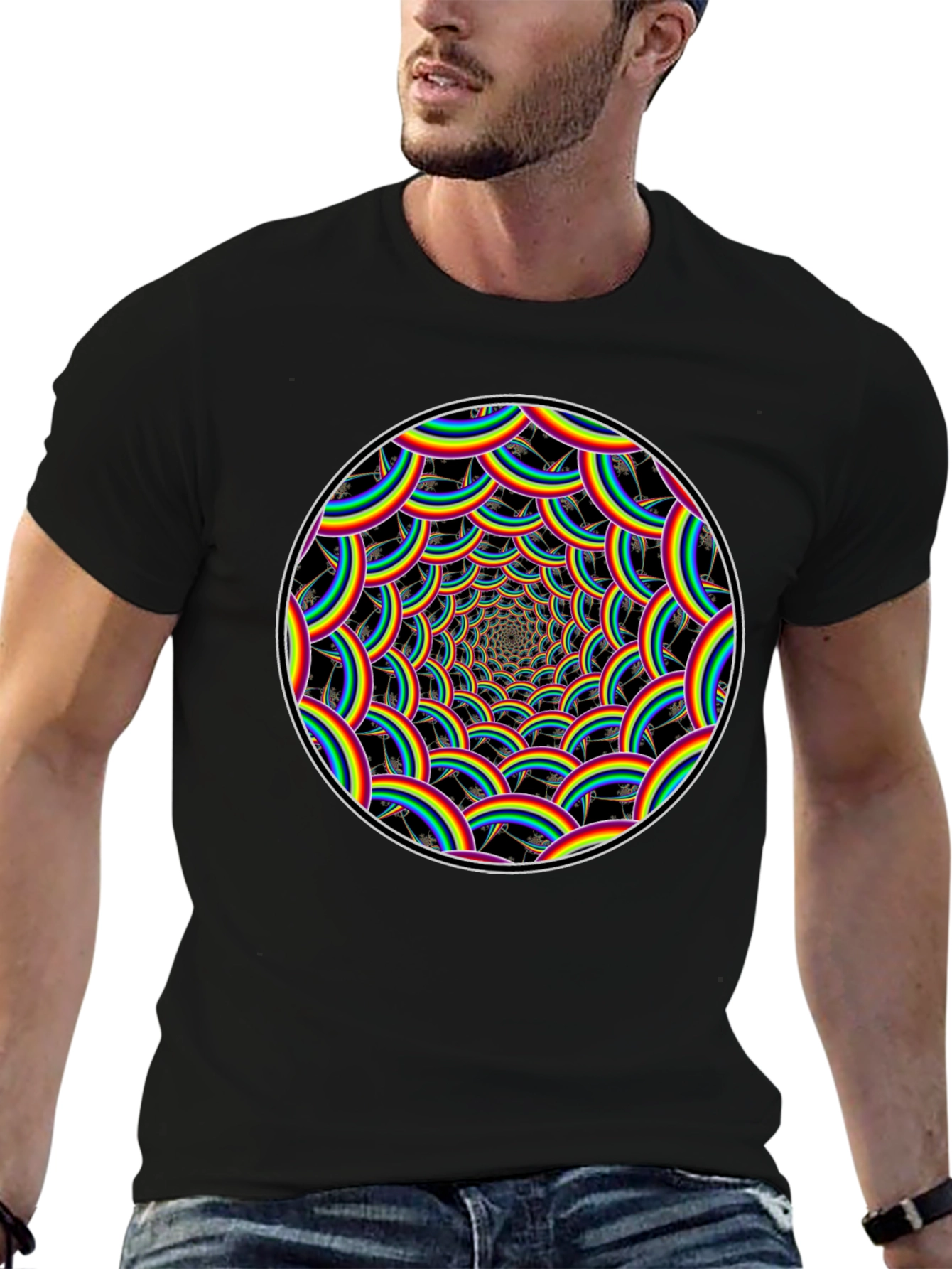 Rainbow Swirl Graphic Tee - Black Cotton T-Shirt