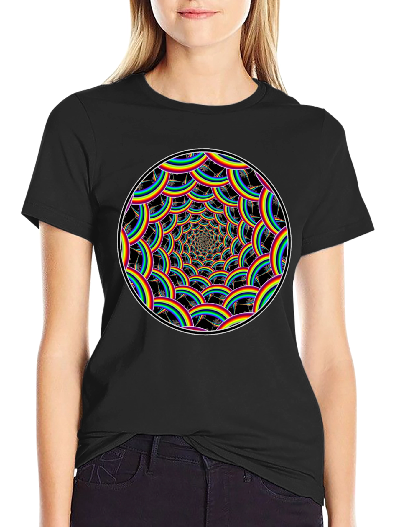 Rainbow Swirl Graphic Tee - Black Cotton T-Shirt