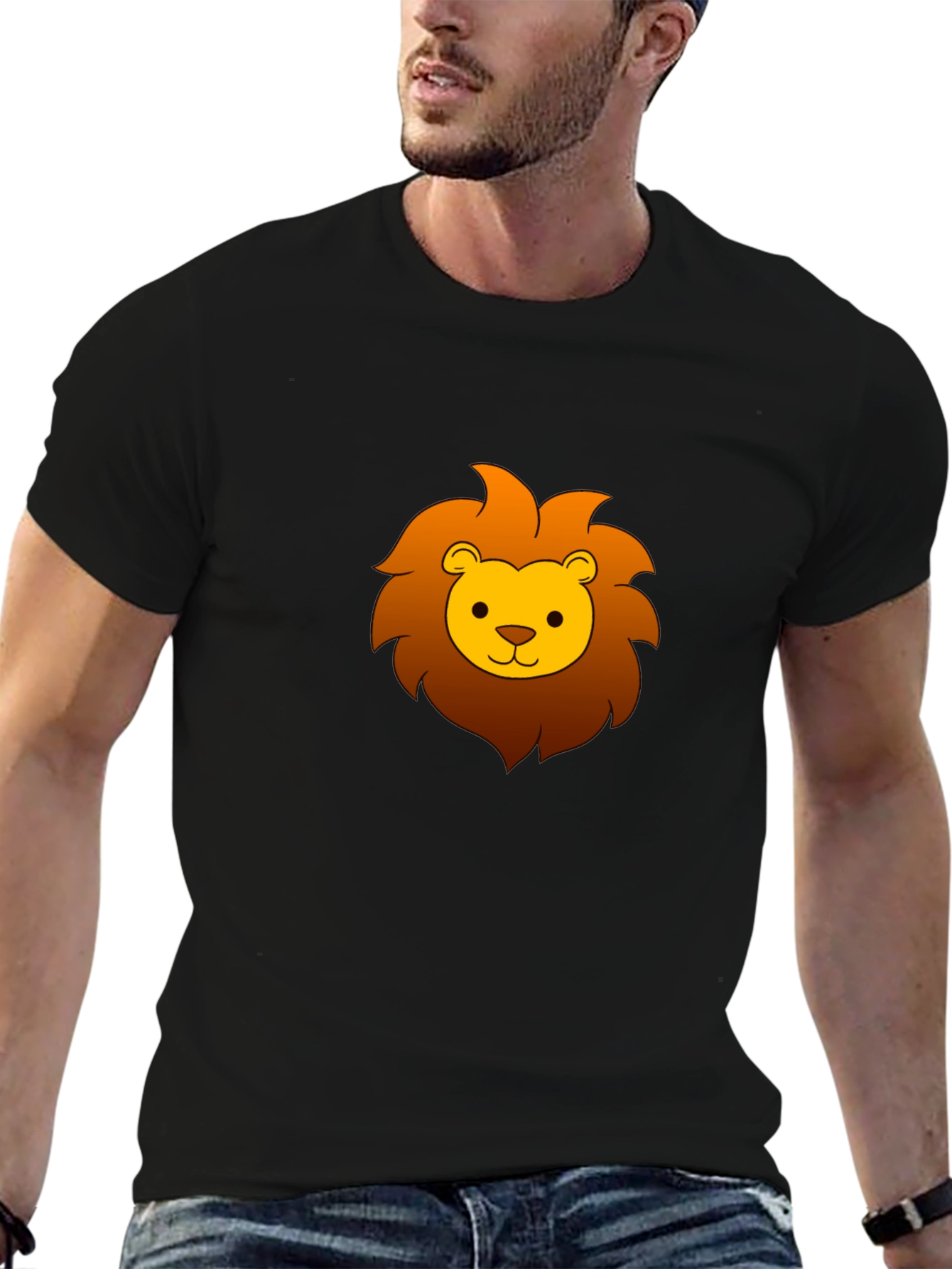 Cute Cartoon Lion Graphic Tee - Black Cotton T-Shirt
