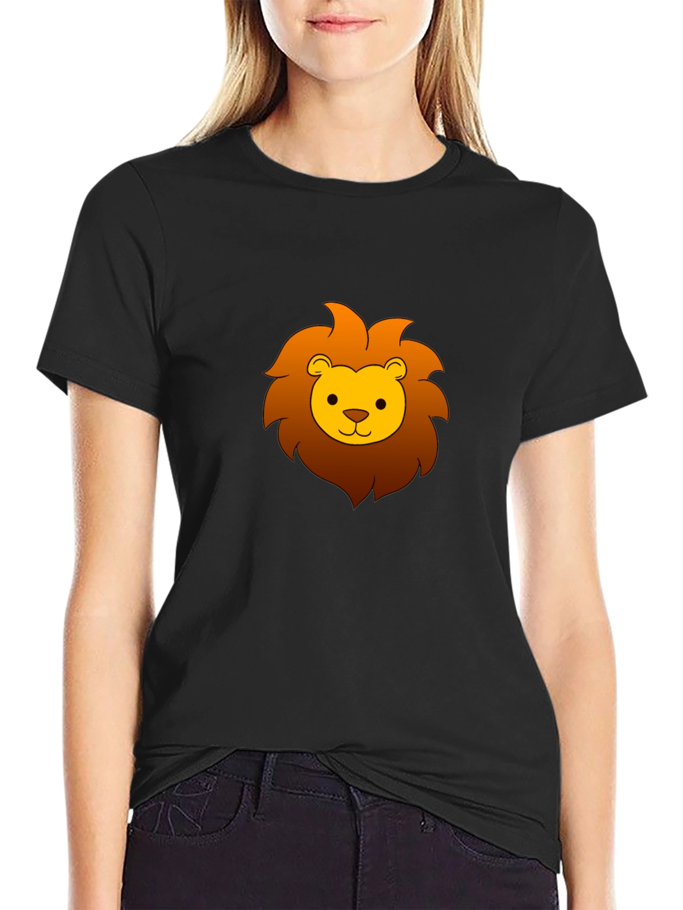 Cute Cartoon Lion Graphic Tee - Black Cotton T-Shirt