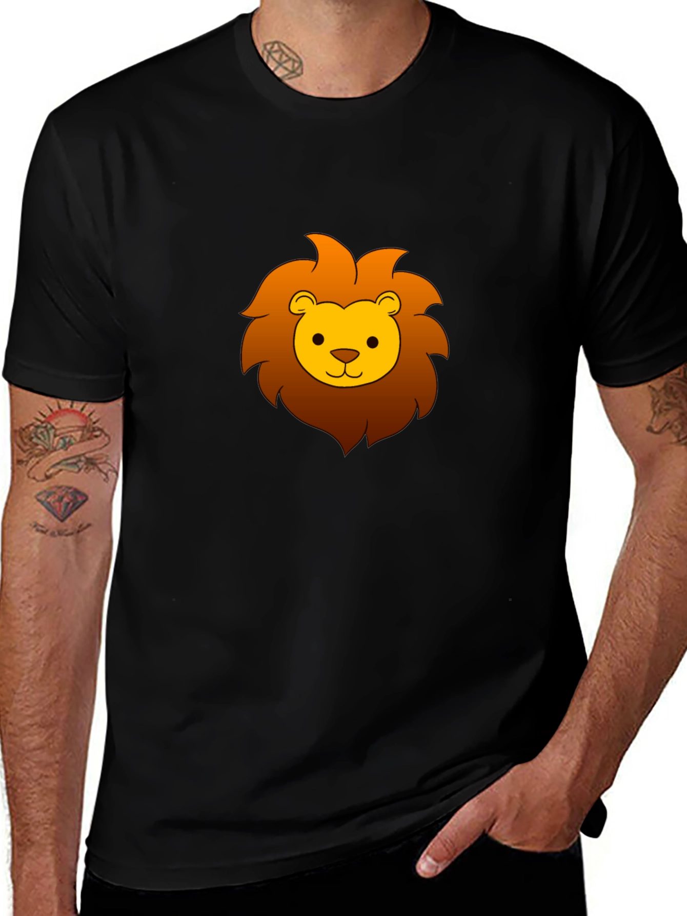 Cute Cartoon Lion Graphic Tee - Black Cotton T-Shirt