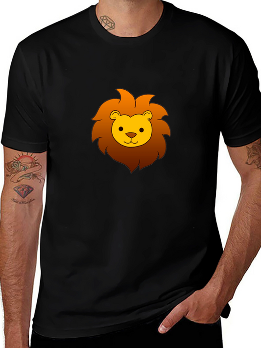 Cute Cartoon Lion Graphic Tee - Black Cotton T-Shirt