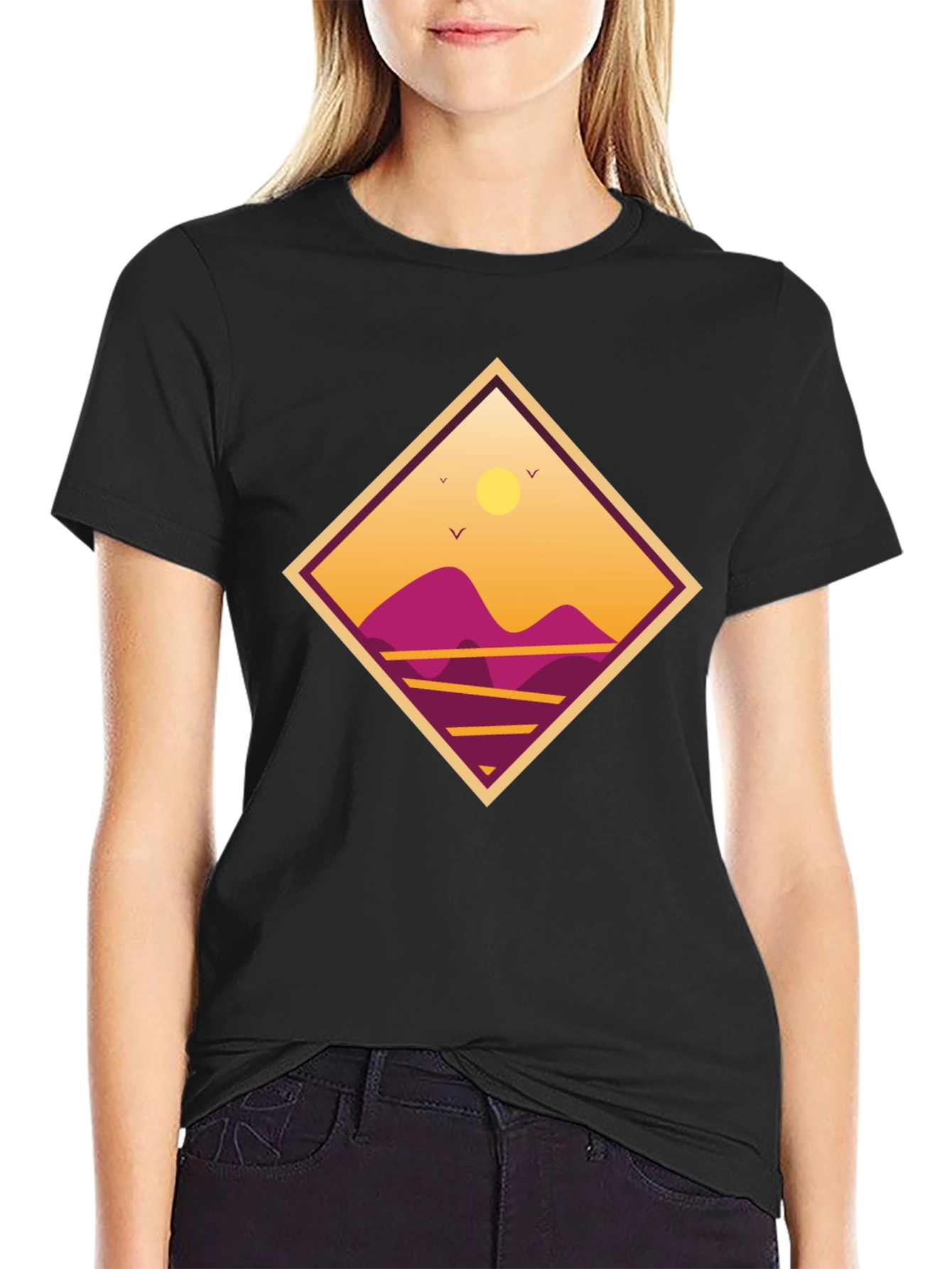 Sunset Mountain Graphic Tee - Black Cotton T-Shirt