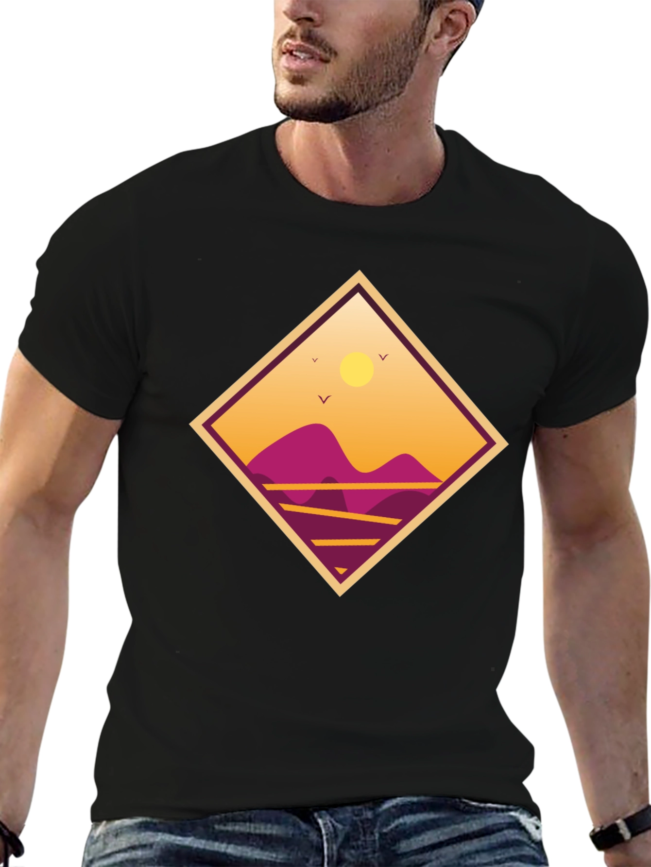 Sunset Mountain Graphic Tee - Black Cotton T-Shirt