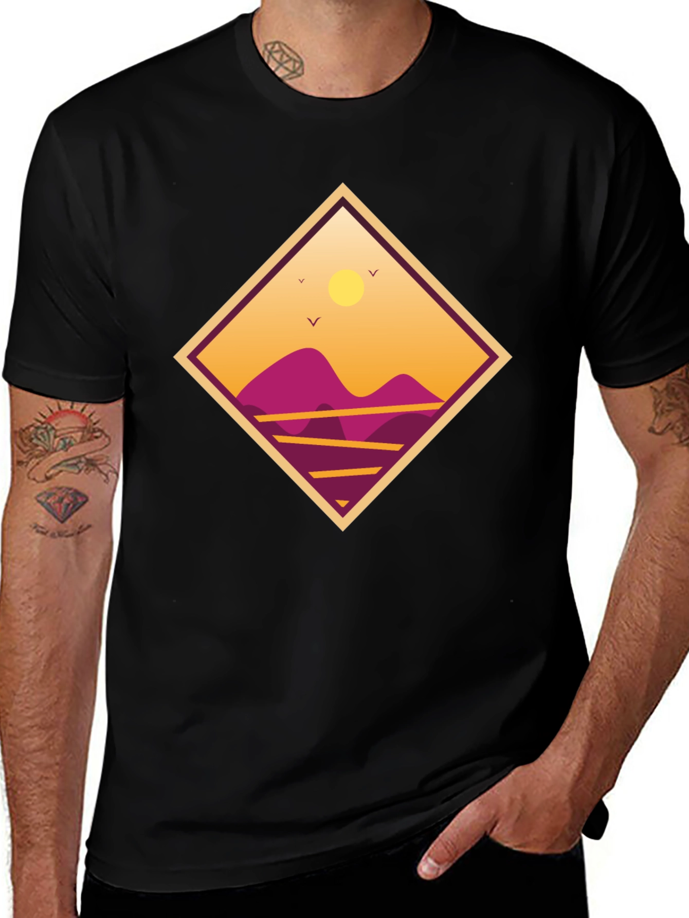 Sunset Mountain Graphic Tee - Black Cotton T-Shirt