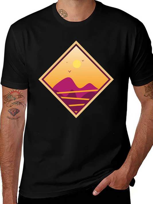 Sunset Mountain Graphic Tee - Black Cotton T-Shirt