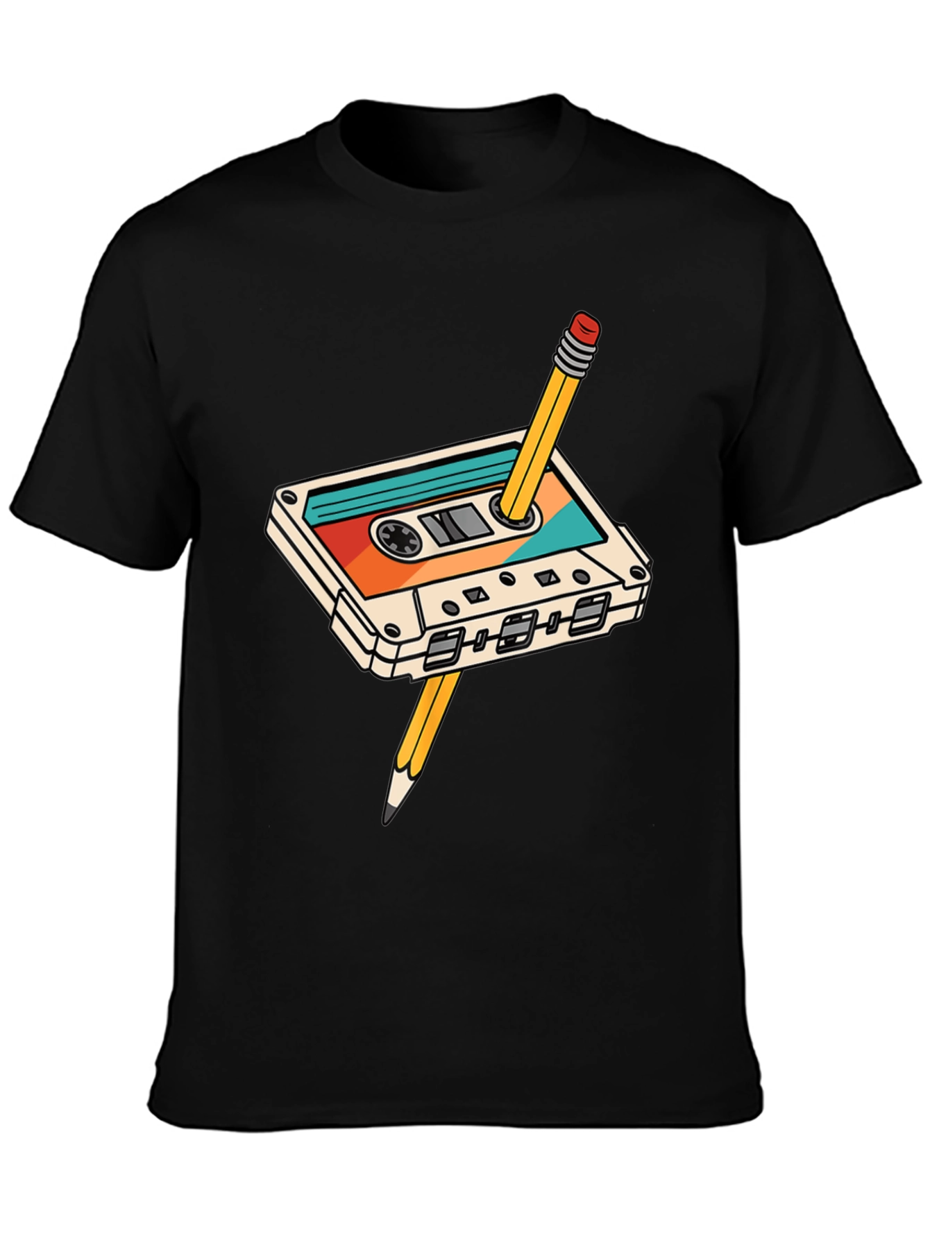Retro Cassette Tape & Pencil Black T-Shirt