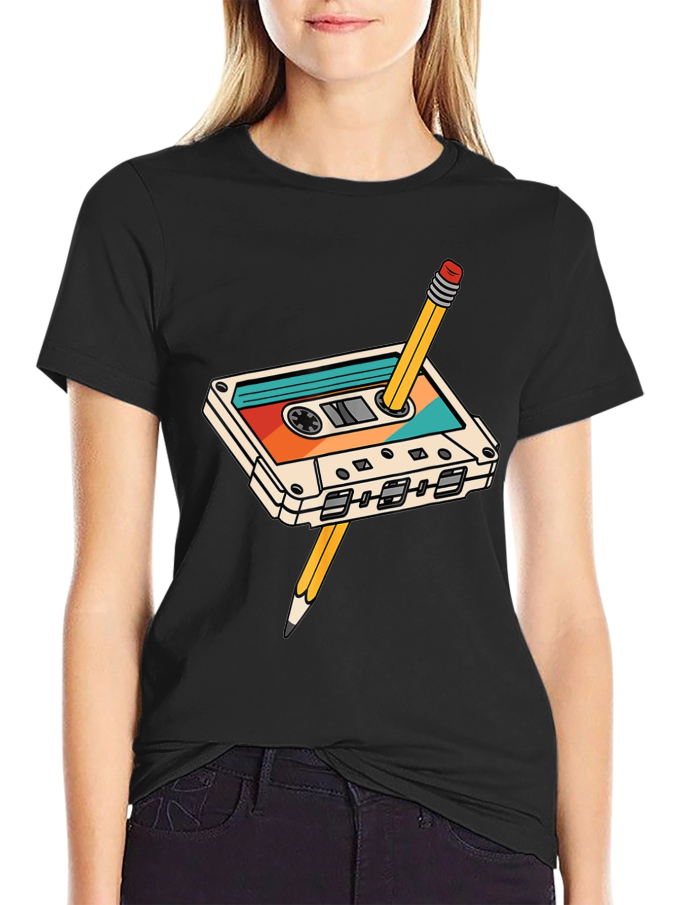 Retro Cassette Tape & Pencil Black T-Shirt