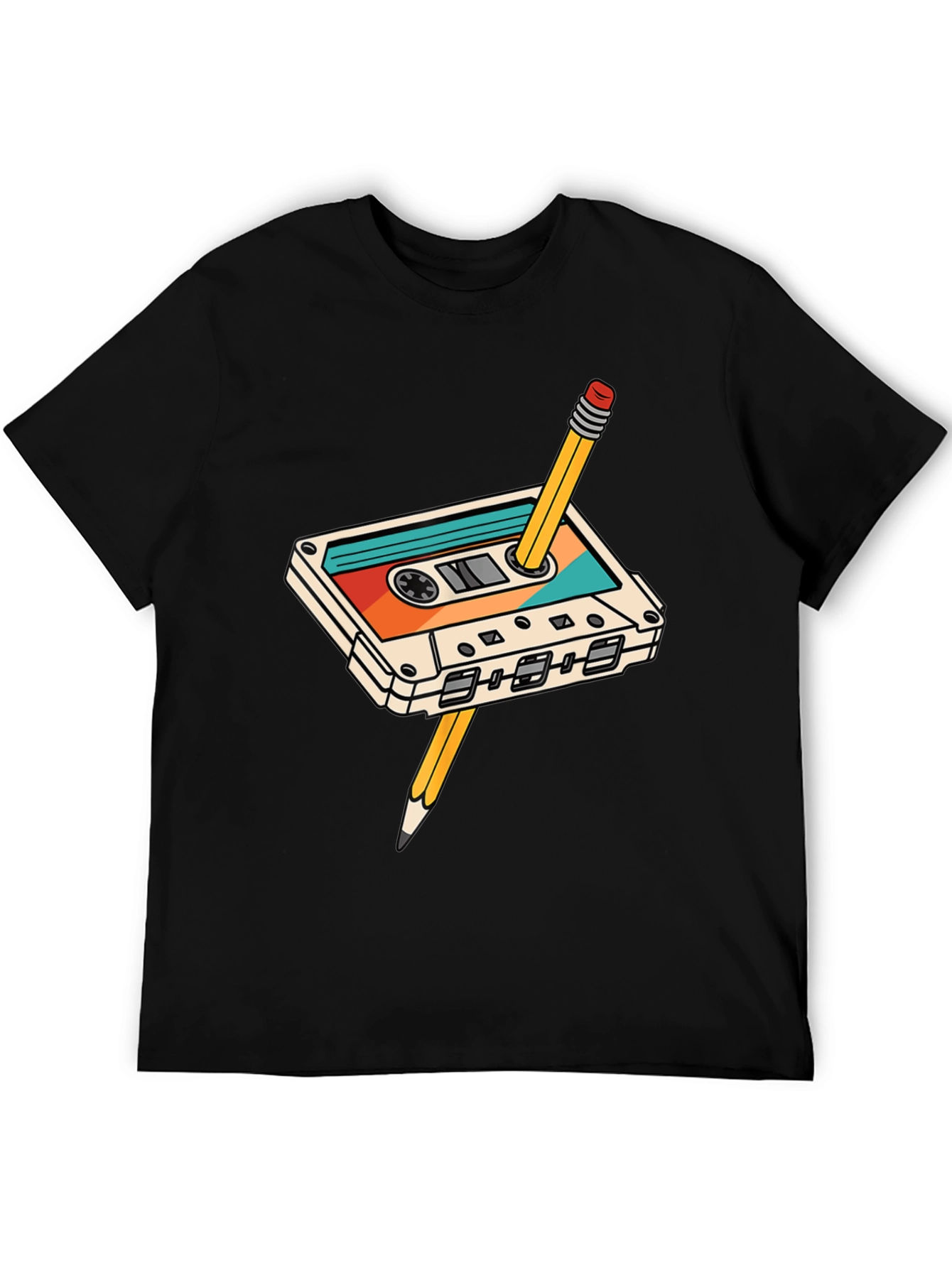 Retro Cassette Tape & Pencil Black T-Shirt