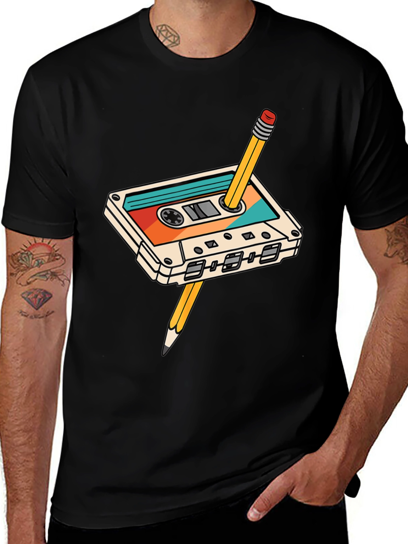 Retro Cassette Tape & Pencil Black T-Shirt